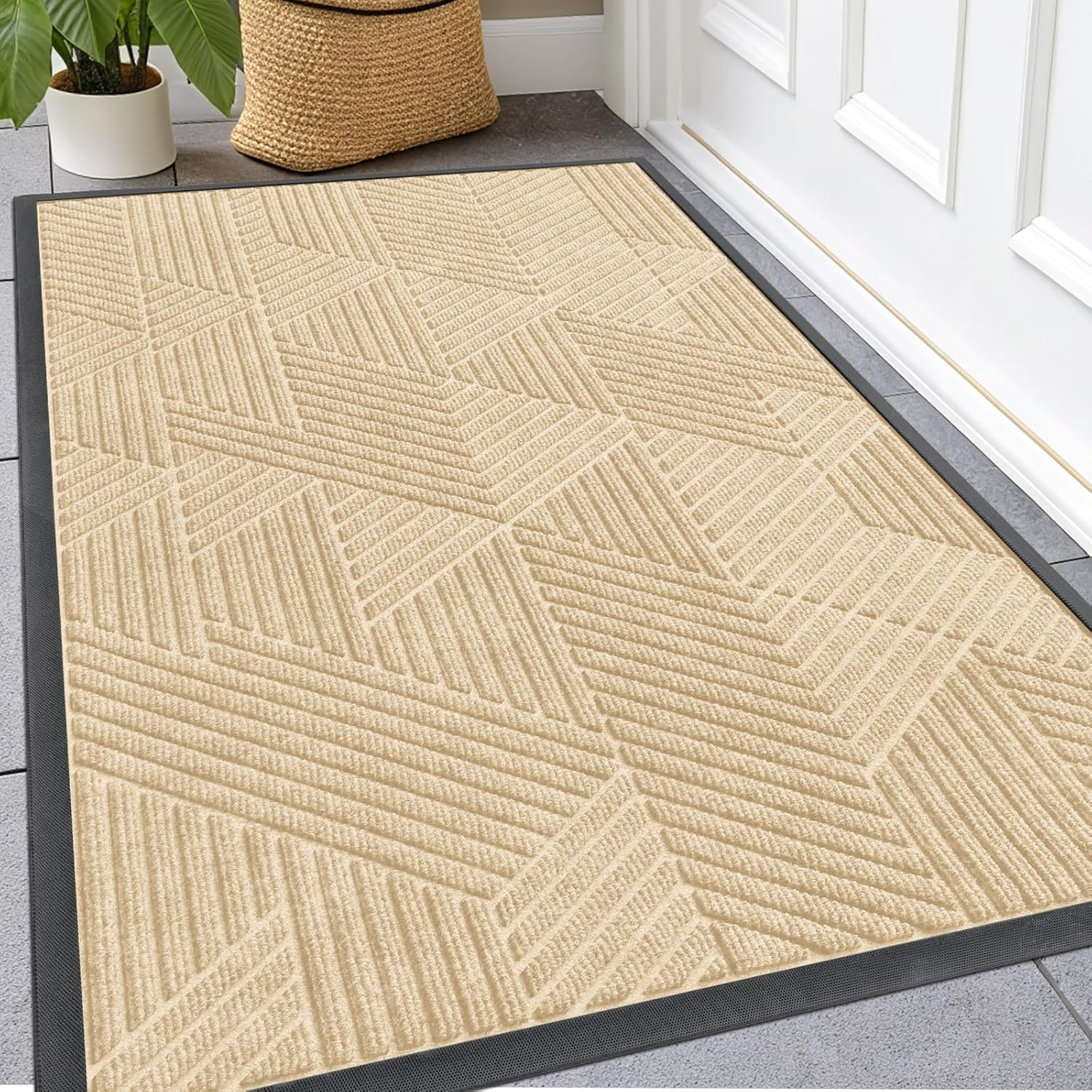 Kitinjoy Front Door Mat Outside Entrance, Sturdy Natural Dirt Trapper, Heavy Duty Rubber Doormat, Low Profile Non-Slip Backing, Easy Clean Floor Mat for Indoor Outdoor Entry, 47X32 Inch, Brown