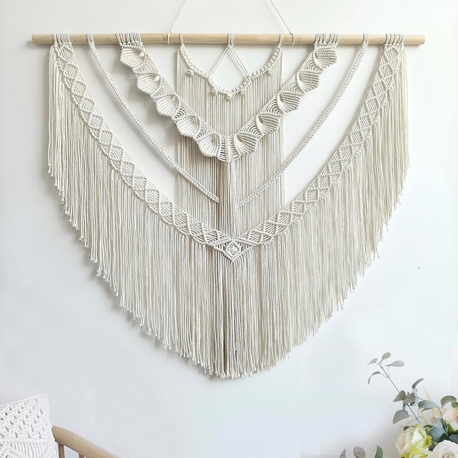 Achart Macrame Wall Hanging Large- Boho Wall Decor- large wall art- Wall Decor Living Room- Macrame Tapestry Boho Decor for Bedroom (Wooden Bead)
