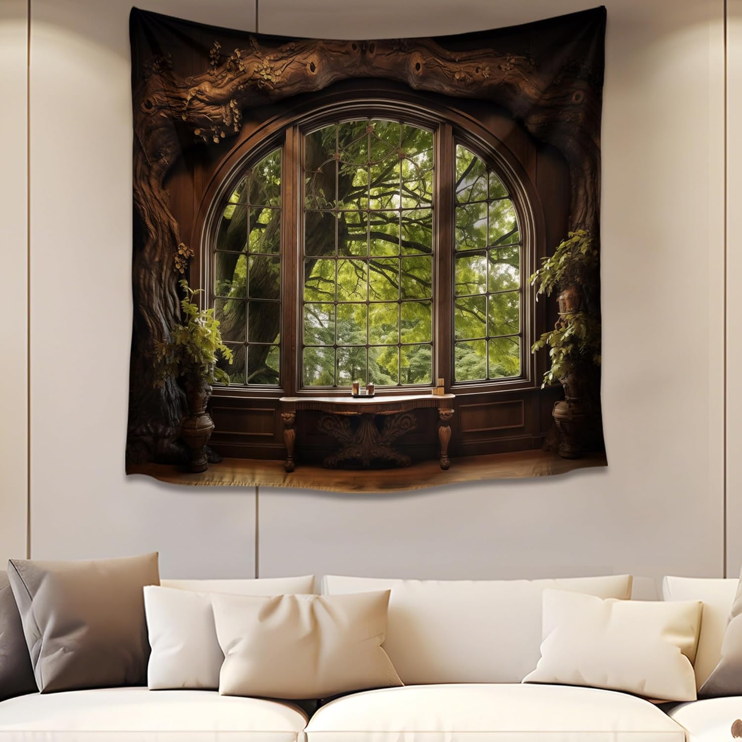 QGHOT Forest Window Tapestry, Nature Outdoor Tapestry Wall Hanging Woodland Scene Large Wall Mural for Bedroom Living Room Office Decor 78.7" L x 104" W
