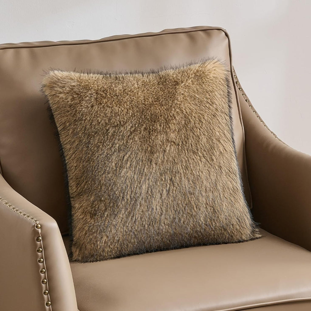 FUTEI Tawny Decorative Throw Pillow Covers 18x18 Inch Set of 2,Soft Faux Raccoon Fur Textured Cushion Case,Modern Home Luxurious Decor for Couch Bed Living Room