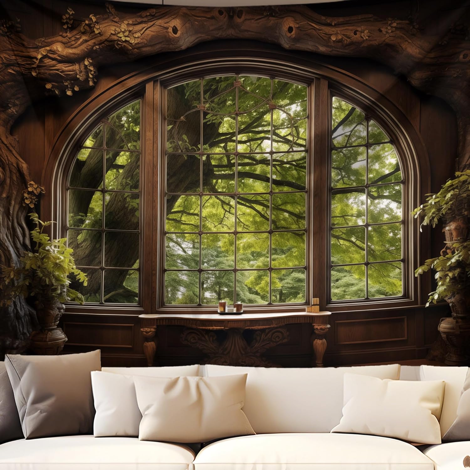 QGHOT Forest Window Tapestry, Nature Outdoor Tapestry Wall Hanging Woodland Scene Large Wall Mural for Bedroom Living Room Office Decor 78.7" L x 104" W