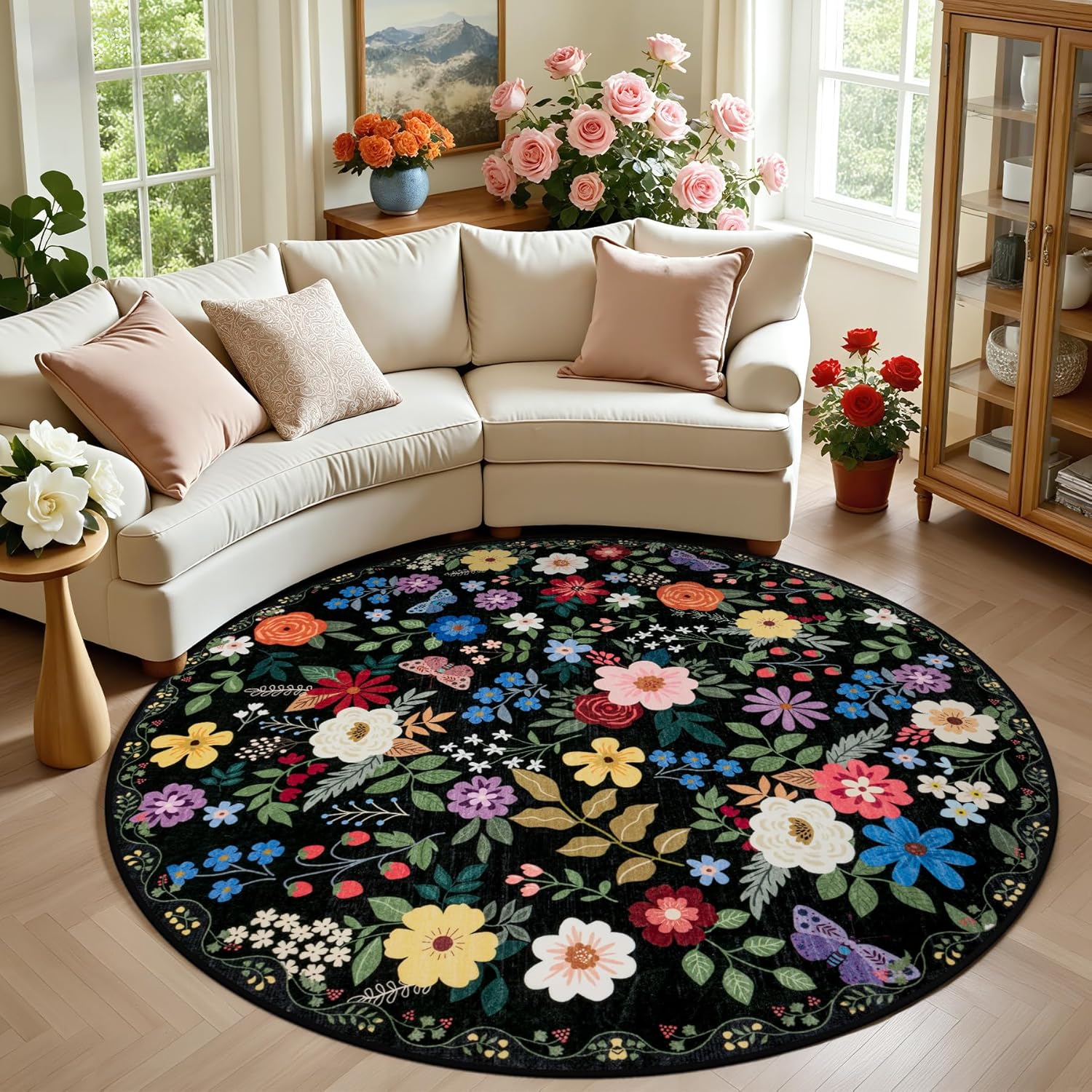 8x10 Area Rugs for Living Room: Floral Washable Rug Vintage Large Soft Boho Non-Slip Carpet Indoor Floor Stain Resistant Carpets for Bedroom Dining Room Farmhouse Nursery Home Office Dark Green