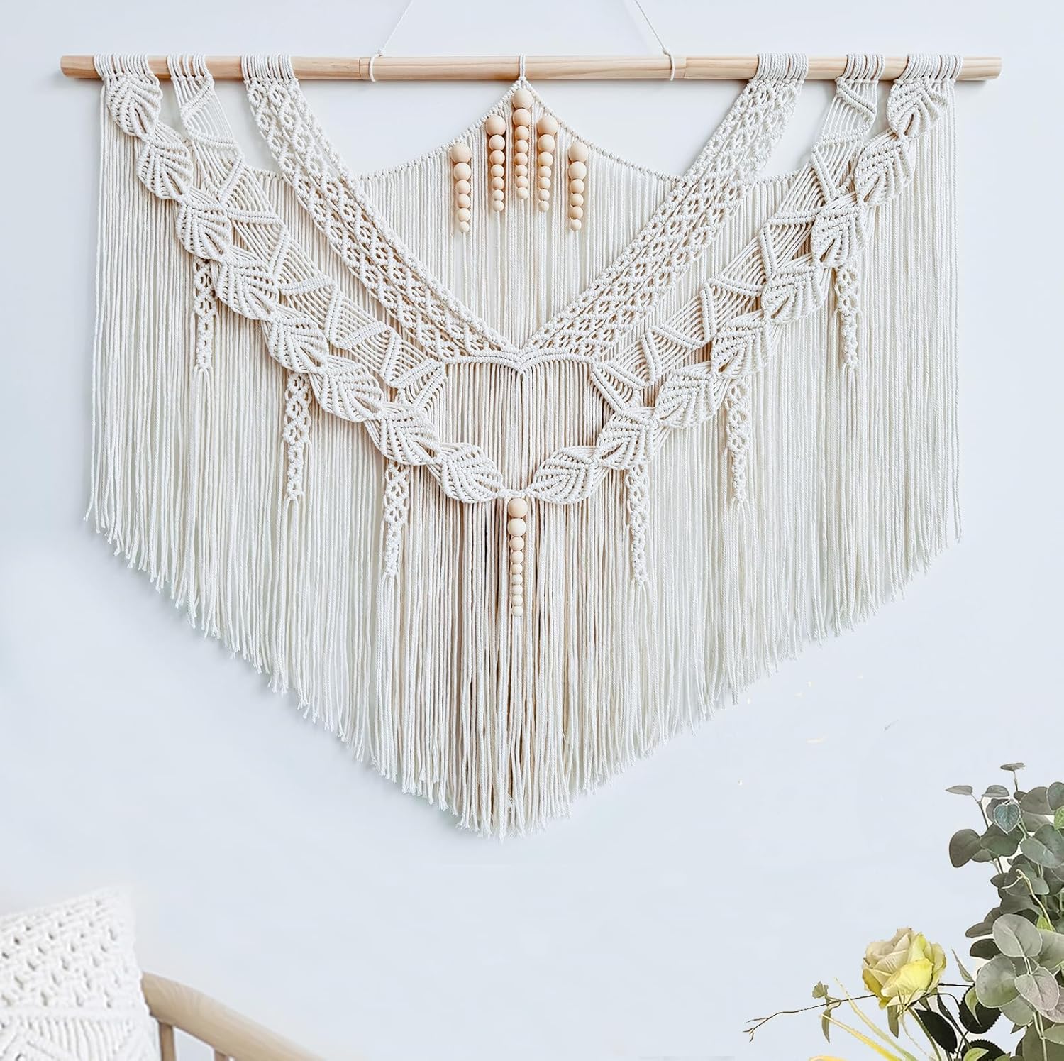Achart Macrame Wall Hanging Large- Boho Wall Decor- large wall art- Wall Decor Living Room- Macrame Tapestry Boho Decor for Bedroom (Wooden Bead)