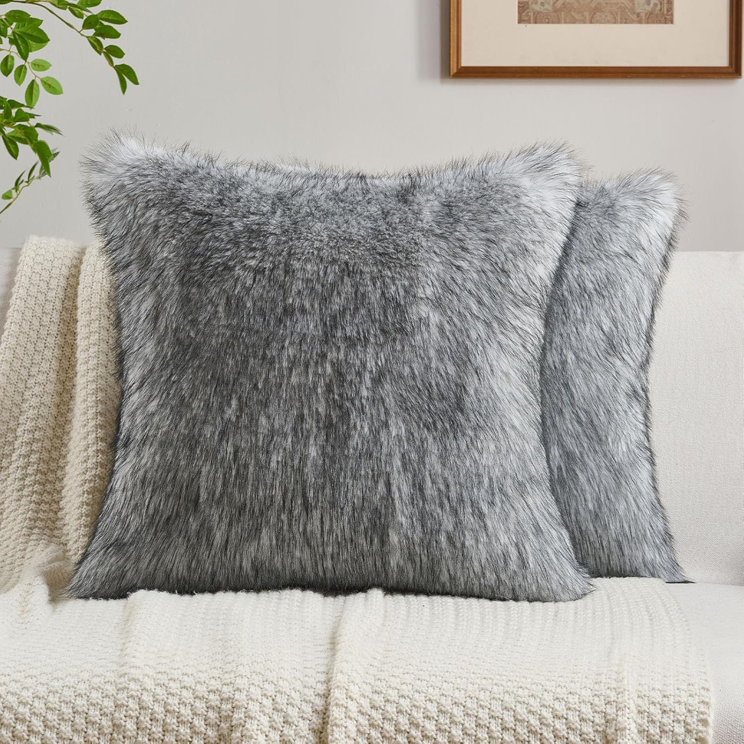 FUTEI Apricot Decorative Throw Pillow Covers 18x18 Inch Set of 2,Soft Faux Raccoon Fur Textured Cushion Case,Modern Home Luxurious Decor for Couch Bed Living Room
