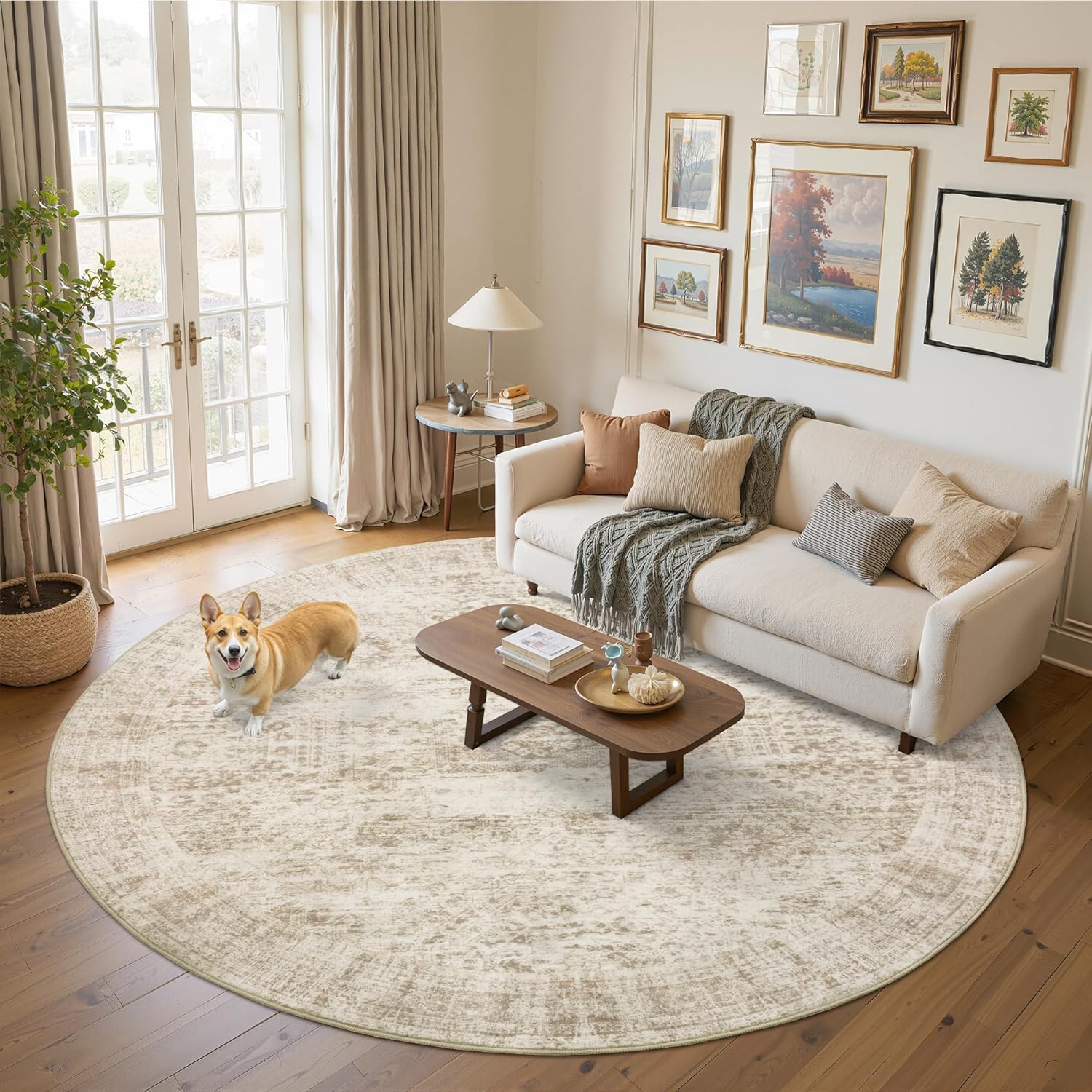 Washable Area Rug 8x10, Large Soft Rugs for Living Room Vintage Beige Carpet 8x10 Area Rugs for Bedroom Dining Room Non-Slip Stain Resistant Under Table Rug