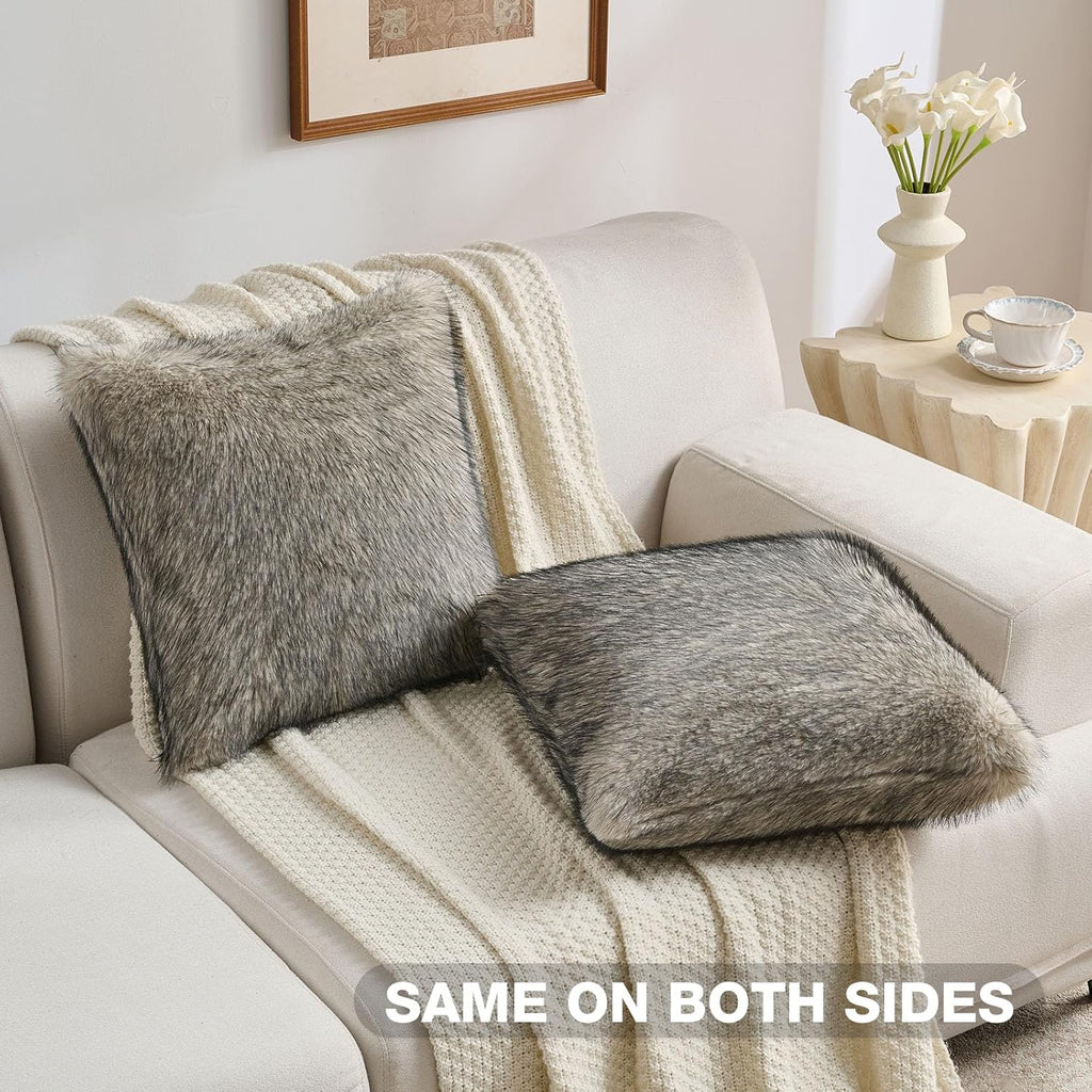 FUTEI Apricot Decorative Throw Pillow Covers 18x18 Inch Set of 2,Soft Faux Raccoon Fur Textured Cushion Case,Modern Home Luxurious Decor for Couch Bed Living Room