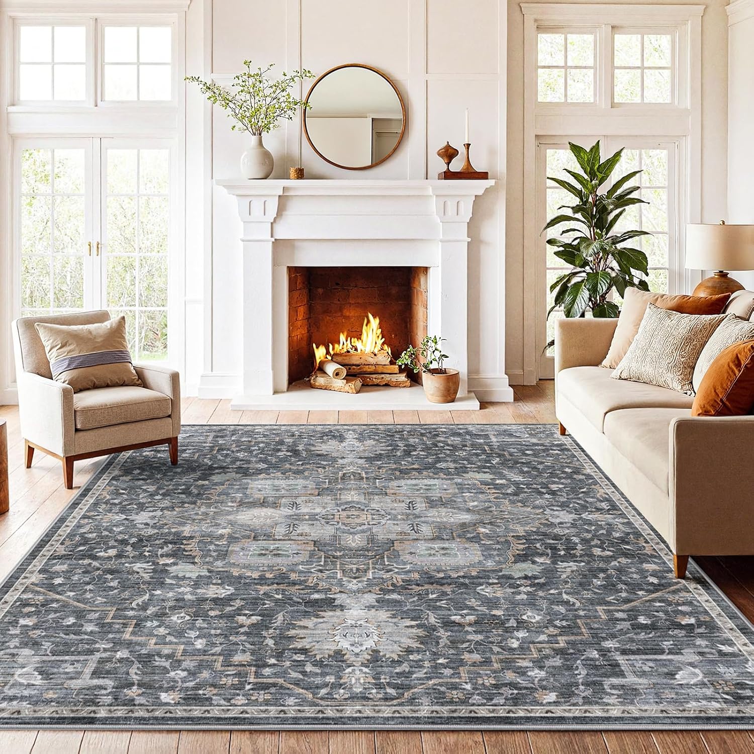 AMADA HOMEFURNISHING 8x10 Washable Area Rug, Low-Profile Large Area Rug with Non-Slip Backing & Durable Edge Binding, Vintage Large Rugs for Living Room, Bedroom, Dining Room