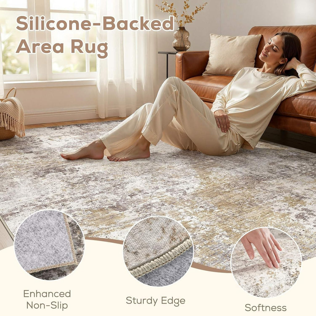 Nakagishi 8X10 Area Rugs for Living Room: Washable Modern Abstract Rug with Non-Slip Silicone Backing Low Pile Soft Carpet for Bedroom & Dining Decor Ideal for Families with Kids and Pets-Brown