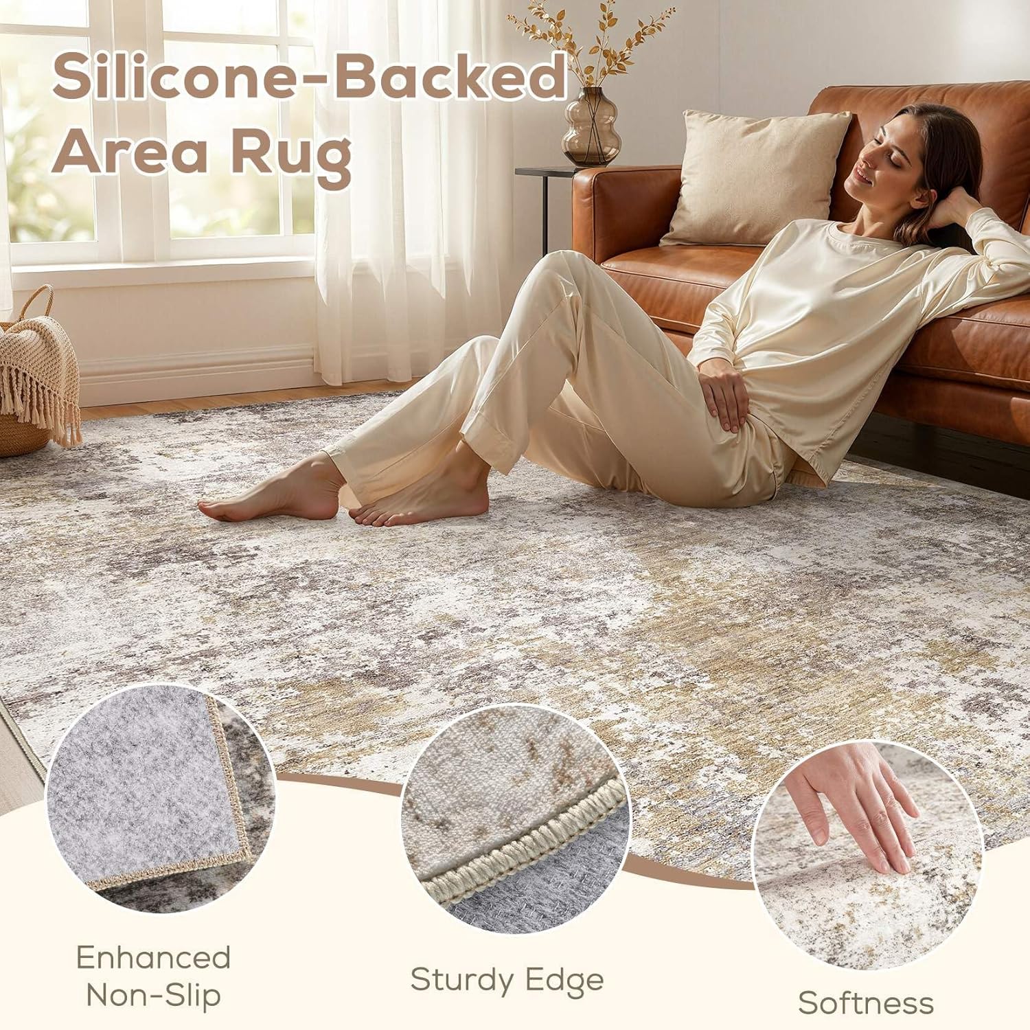 Nakagishi 8X10 Area Rugs for Living Room: Washable Modern Abstract Rug with Non-Slip Silicone Backing Low Pile Soft Carpet for Bedroom & Dining Decor Ideal for Families with Kids and Pets-Brown