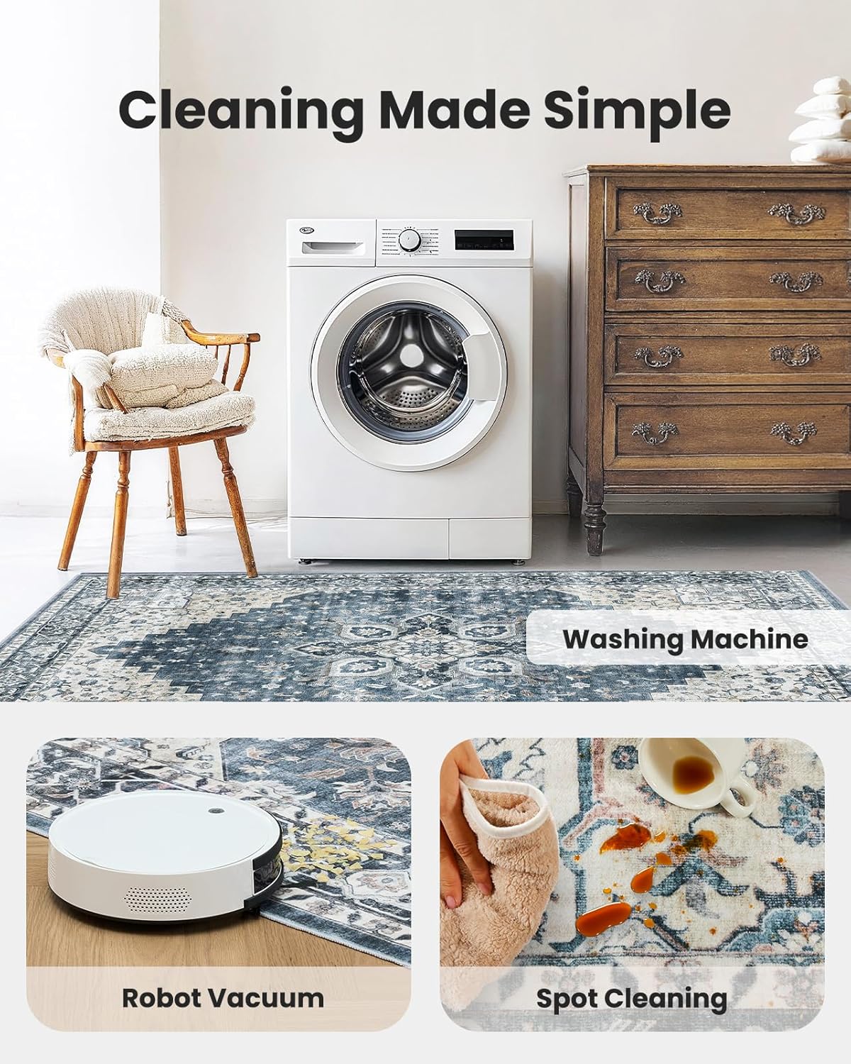 AMADA HOMEFURNISHING 8x10 Washable Area Rug, Low-Profile Large Area Rug with Non-Slip Backing & Durable Edge Binding, Vintage Large Rugs for Living Room, Bedroom, Dining Room