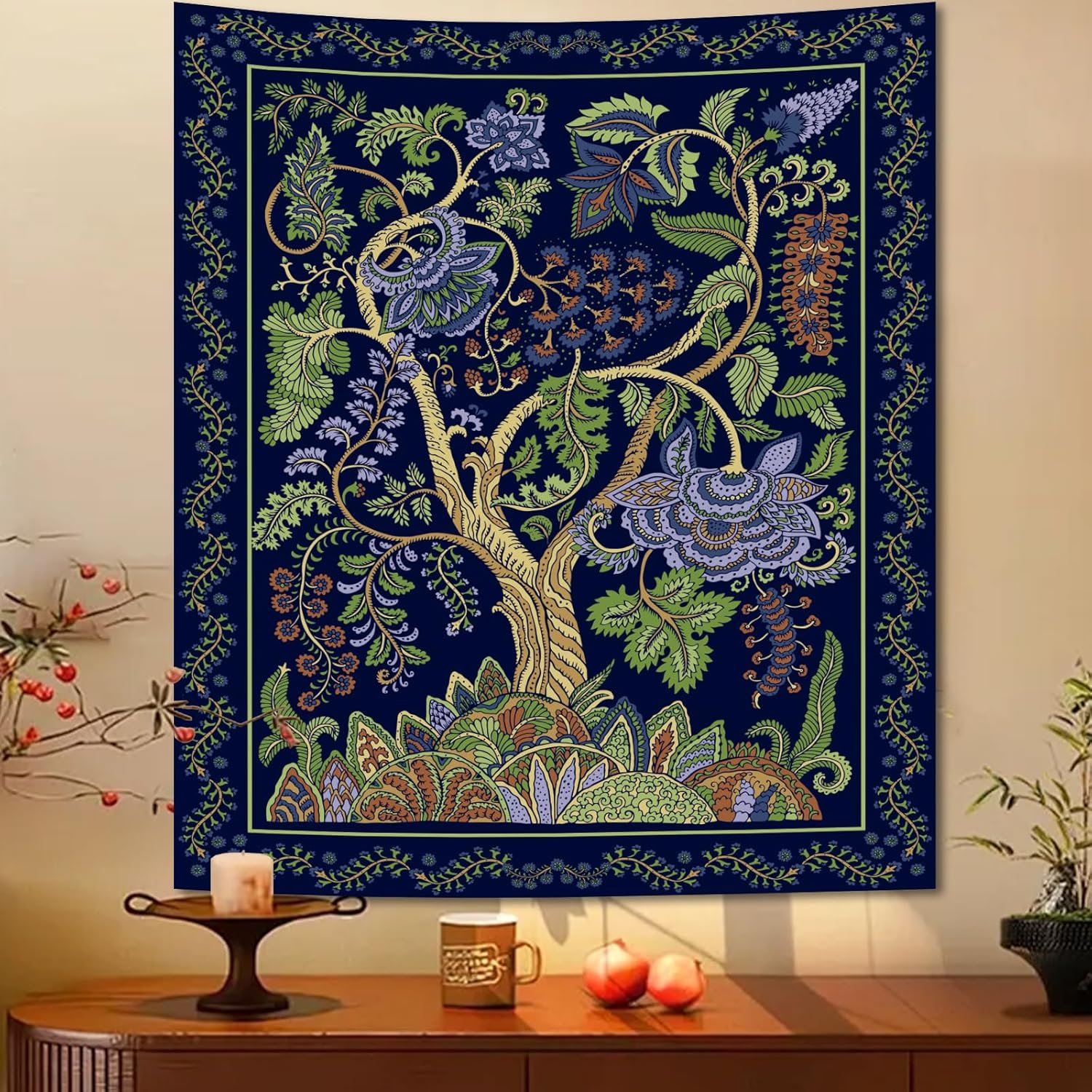 Extra Large Green Nature Tapestry for Bedroom Aesthetic, Big Hippie Ceiling Tree of Life Decor Tapestries Wall Hanging, Oversized Boho Bohemian Mandala Art Backdrop for Dorm Living Room (71"X90")
