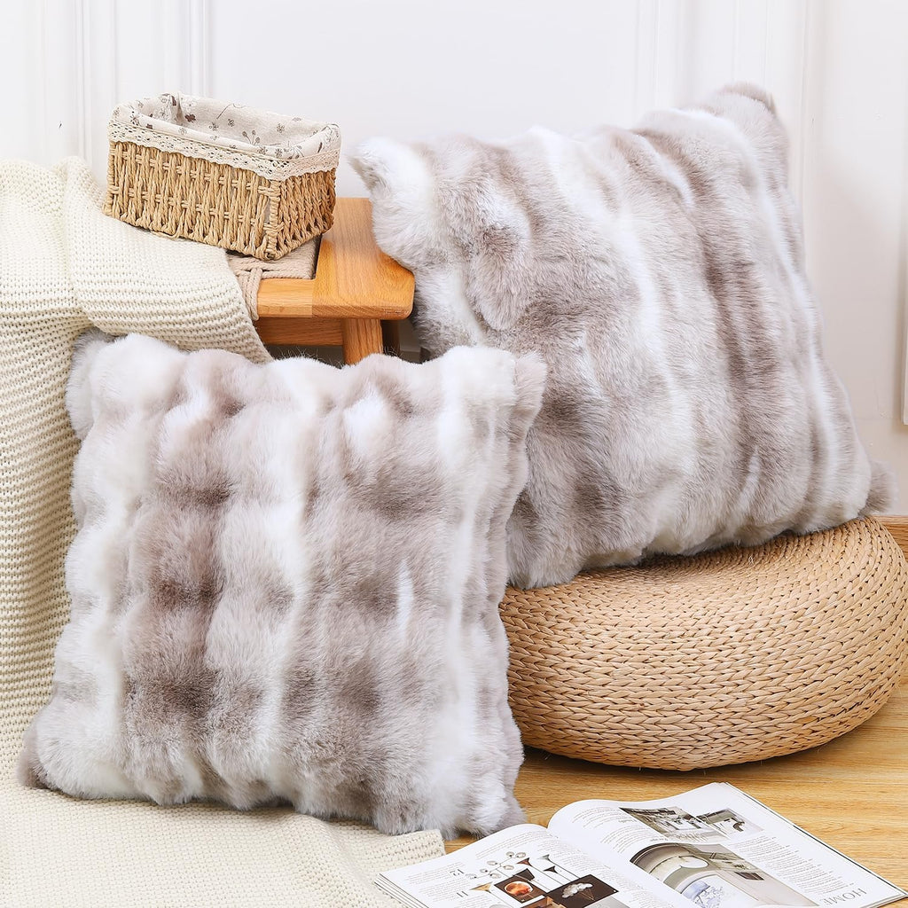 MADIZZ Pack of 2 Thick Plush Wool Throw Pillow Covers 18x18 Inch White Taupe Soft Neutral Decorative Throw Pillows Accent Boho Cushion Covers for Couch Sofa Bedroom Pillow Shell