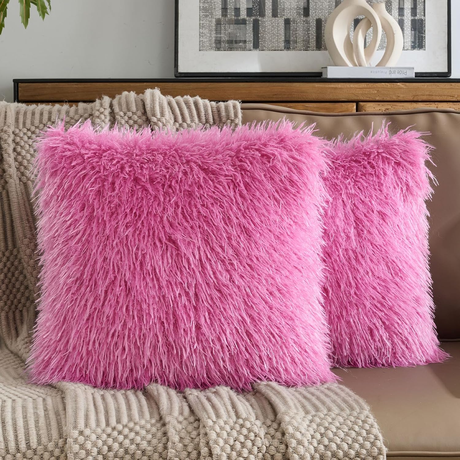 FUTEI Dark Coffee Decorative Throw Pillow Covers 18x18 Inch Set of 2,Soft Faux Fine Wool Textured Cushion Case,Luxury Home Decor for Couch Bed Living Room