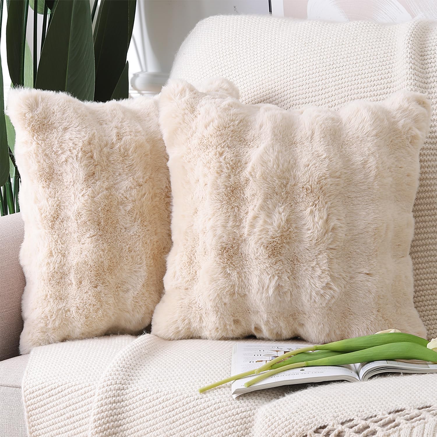 MADIZZ Pack of 2 Thick Plush Wool Throw Pillow Covers 18x18 Inch White Taupe Soft Neutral Decorative Throw Pillows Accent Boho Cushion Covers for Couch Sofa Bedroom Pillow Shell