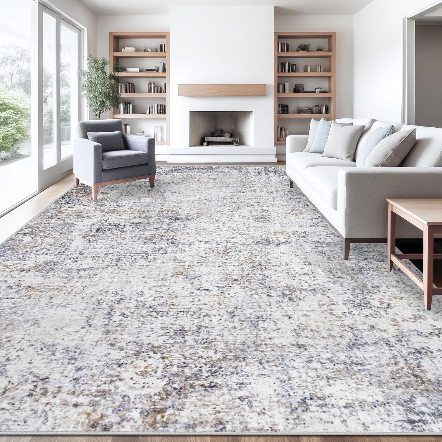 8x10 Area Rugs for Living Room, Washable Modern Abstract Large Area Rug Neutral Soft Non Slip Kids Rug Stain Resistant Indoor Carpet for Bedroom Nursery Dining Room Playroom Home Office(Blue, 8'x10')