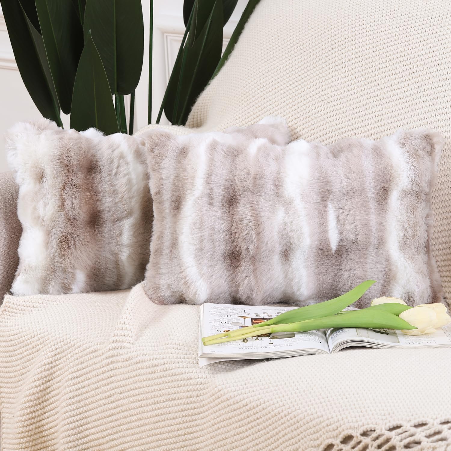 MADIZZ Pack of 2 Thick Plush Wool Throw Pillow Covers 18x18 Inch White Taupe Soft Neutral Decorative Throw Pillows Accent Boho Cushion Covers for Couch Sofa Bedroom Pillow Shell