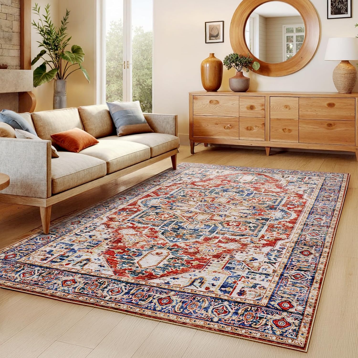 AMADA HOMEFURNISHING 8x10 Washable Area Rug, Low-Profile Large Area Rug with Non-Slip Backing & Durable Edge Binding, Vintage Large Rugs for Living Room, Bedroom, Dining Room