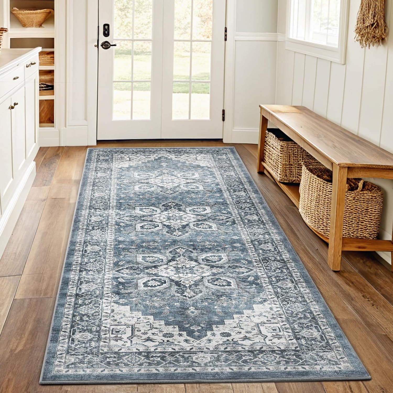 AMADA HOMEFURNISHING 8x10 Washable Area Rug, Low-Profile Large Area Rug with Non-Slip Backing & Durable Edge Binding, Vintage Large Rugs for Living Room, Bedroom, Dining Room