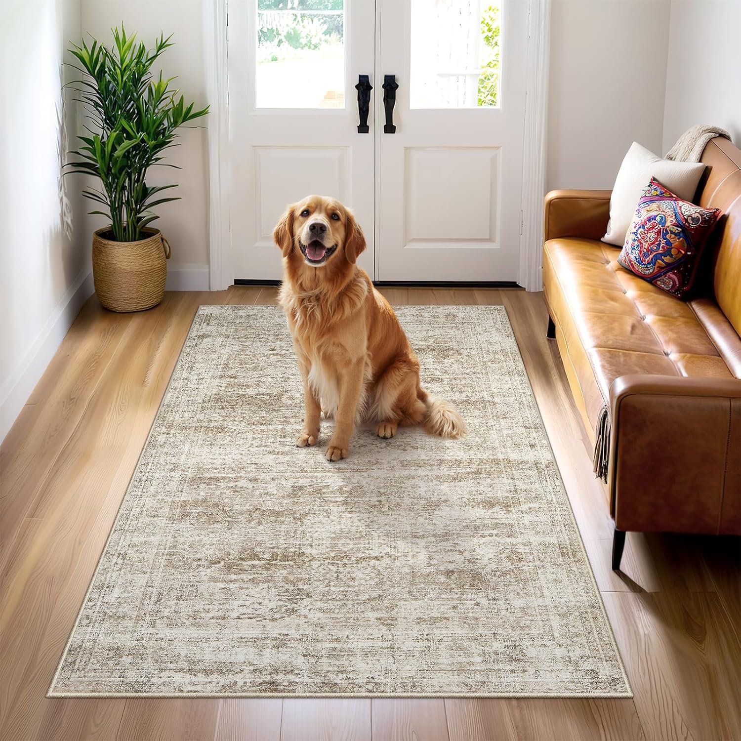 Washable Area Rug 8x10, Large Soft Rugs for Living Room Vintage Beige Carpet 8x10 Area Rugs for Bedroom Dining Room Non-Slip Stain Resistant Under Table Rug