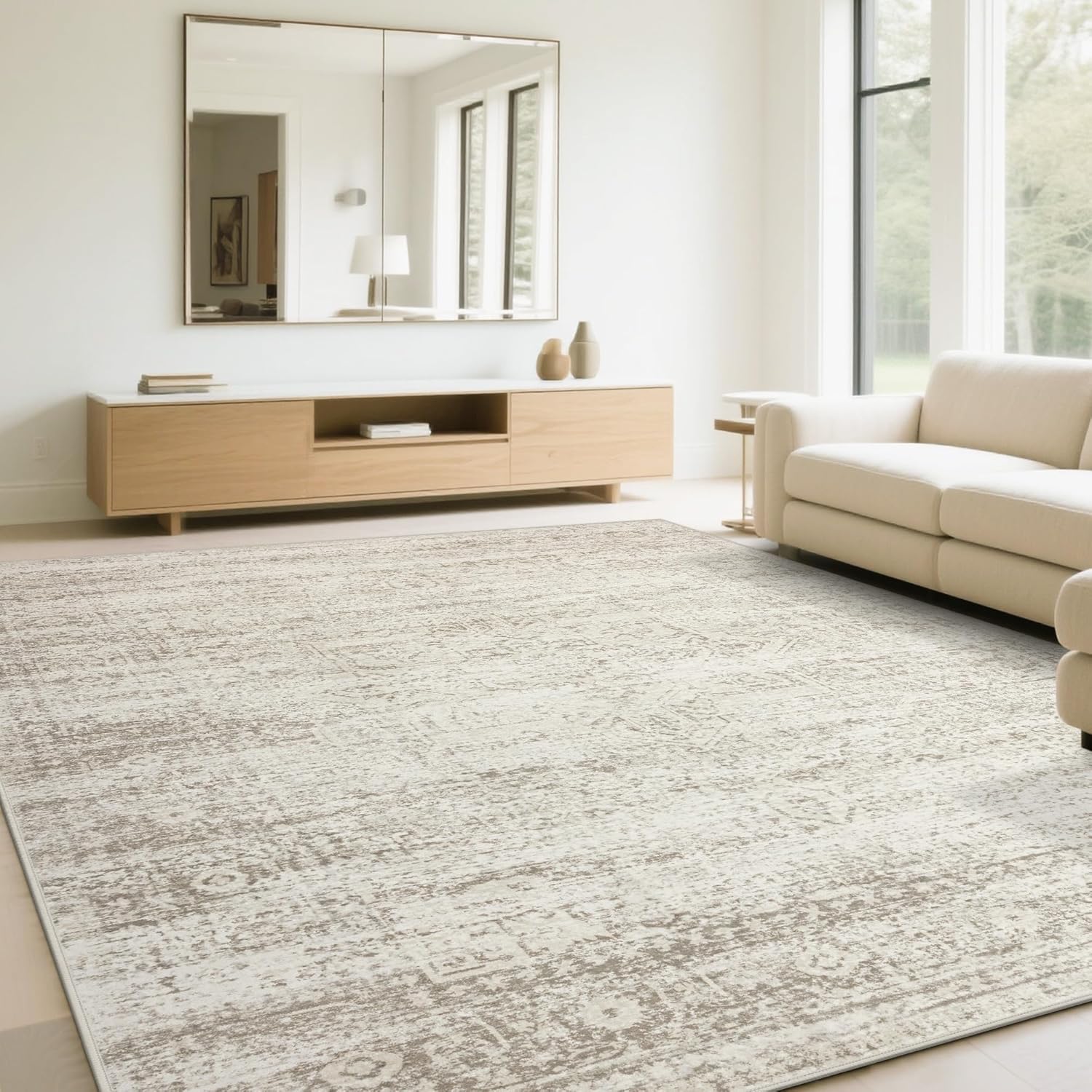 Washable Rugs 8x10 Area Rugs for Living Room,Ultra Soft Faux Wool Retro Rugs for Bedroom,Dining Room,Non Slip&Non-Shedding Low Pile Vintage Print Rug Indoor Large Carpets for Home Office Decor