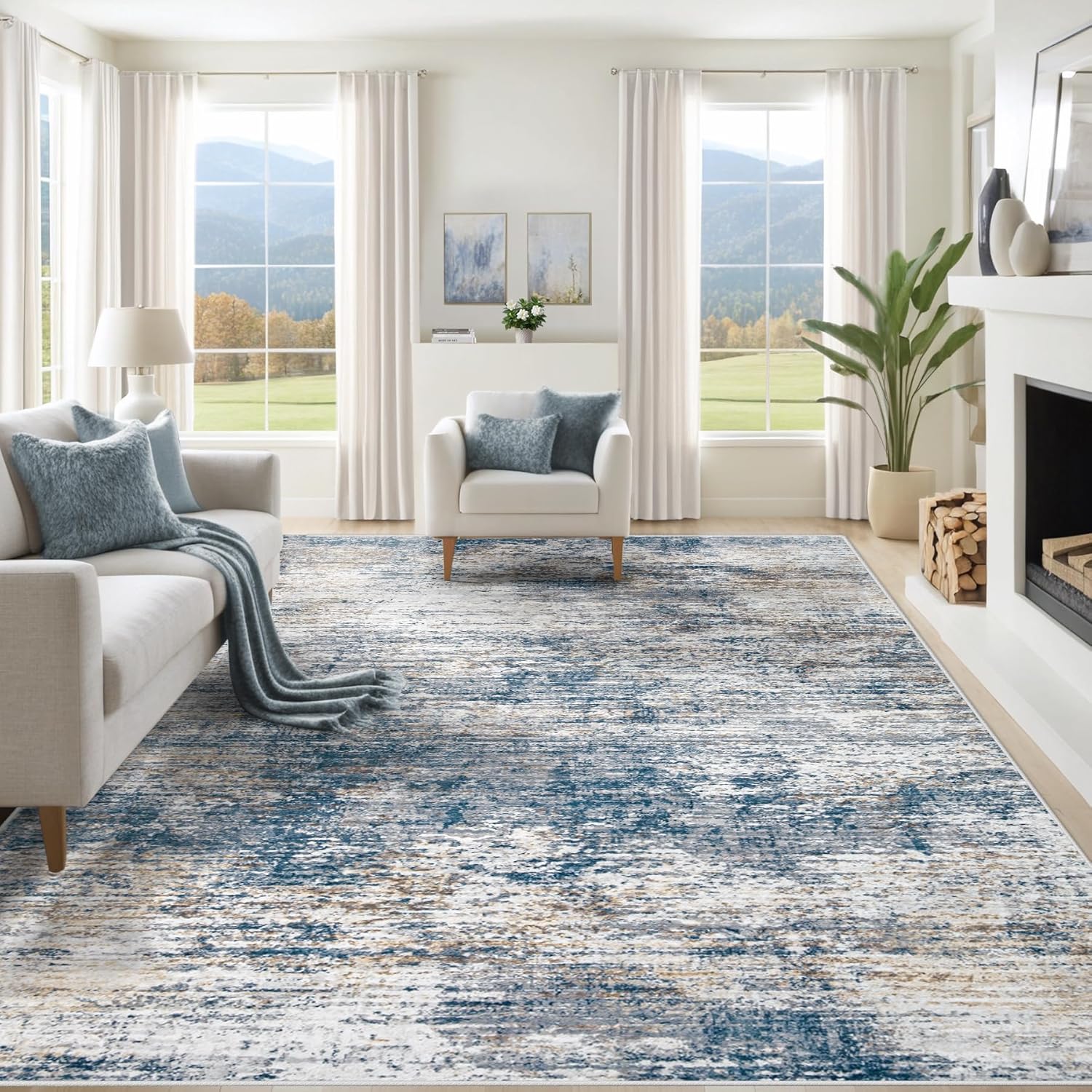 8x10 Area Rugs for Living Room, Washable Modern Abstract Large Area Rug Neutral Soft Non Slip Kids Rug Stain Resistant Indoor Carpet for Bedroom Nursery Dining Room Playroom Home Office(Blue, 8'x10')