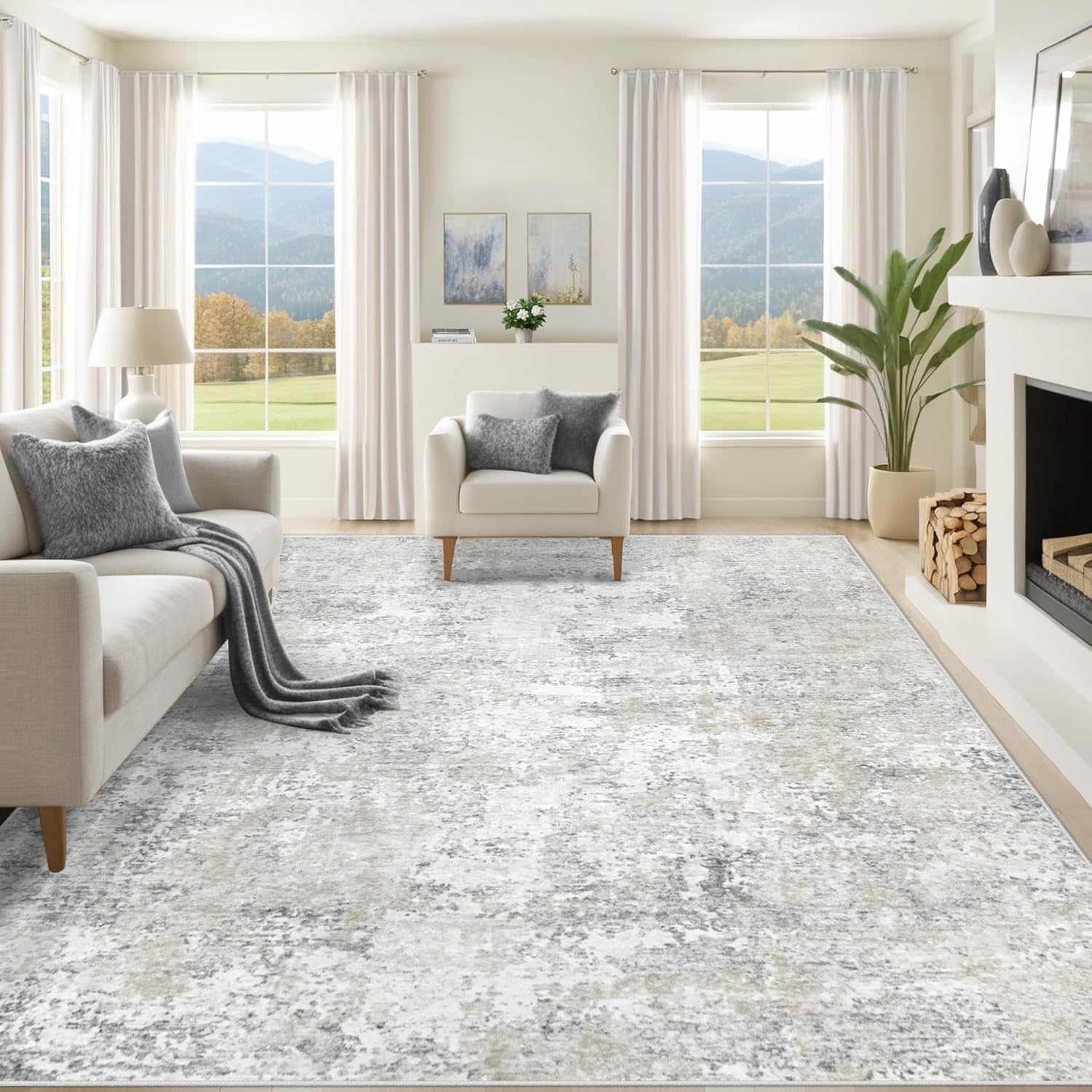 8x10 Area Rugs for Living Room, Washable Modern Abstract Large Area Rug Neutral Soft Non Slip Kids Rug Stain Resistant Indoor Carpet for Bedroom Nursery Dining Room Playroom Home Office(Blue, 8'x10')