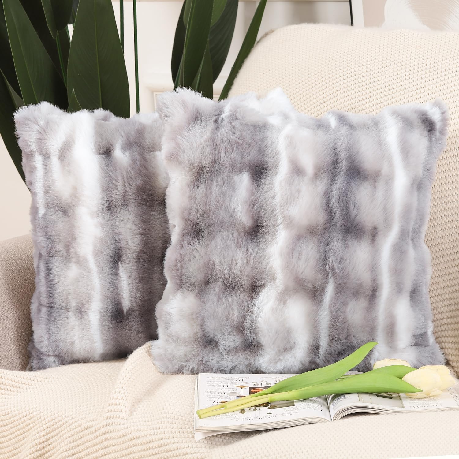 MADIZZ Pack of 2 Thick Plush Wool Throw Pillow Covers 18x18 Inch White Taupe Soft Neutral Decorative Throw Pillows Accent Boho Cushion Covers for Couch Sofa Bedroom Pillow Shell
