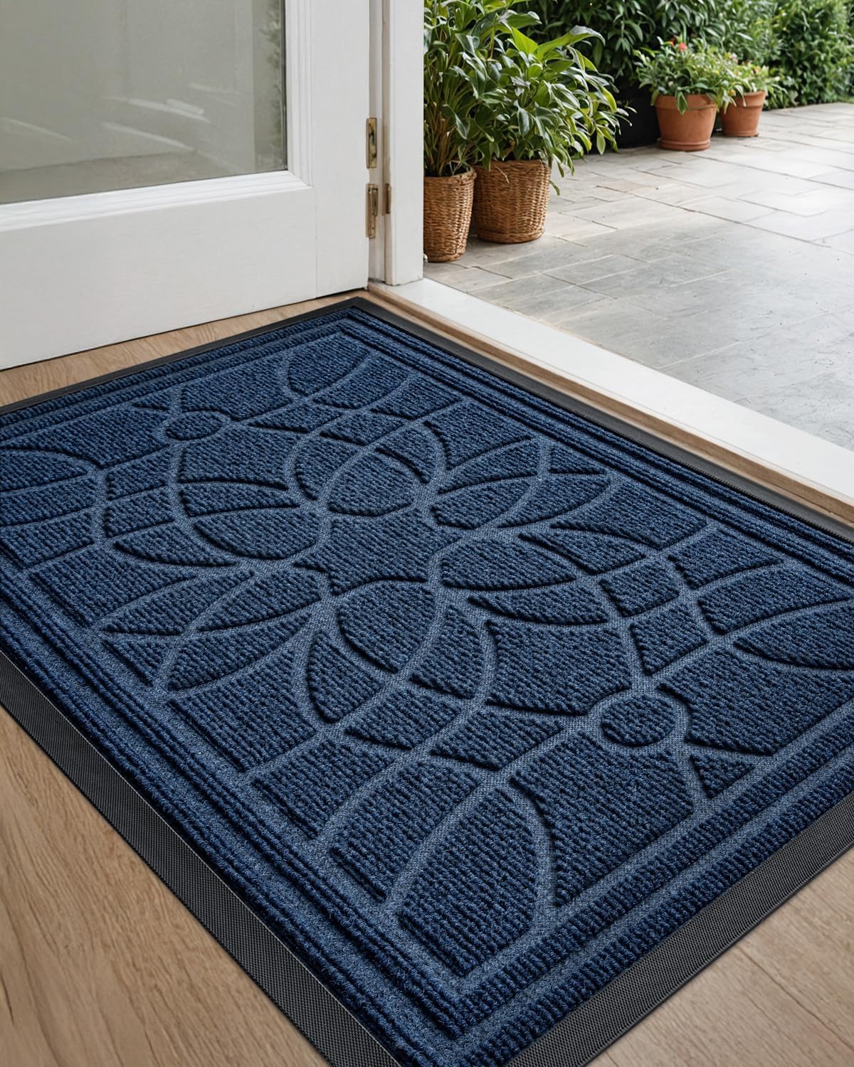 DEXI Front Door Mat Outside Entrance, Heavy Duty Non Slip Low Profile Doormat for Entryway, Trap Dirt and Moisture Welcome Mats, Easy Clean, Patio, Garage, 3x2, Blue