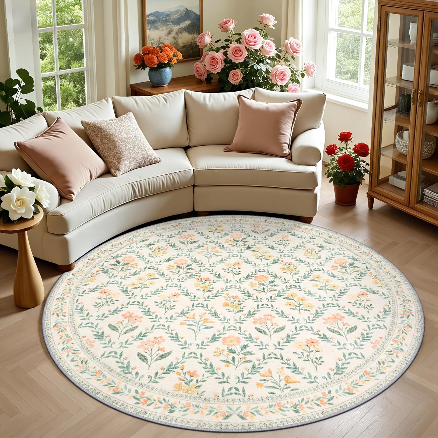 8x10 Area Rugs for Living Room: Floral Washable Rug Vintage Large Soft Boho Non-Slip Carpet Indoor Floor Stain Resistant Carpets for Bedroom Dining Room Farmhouse Nursery Home Office Dark Green