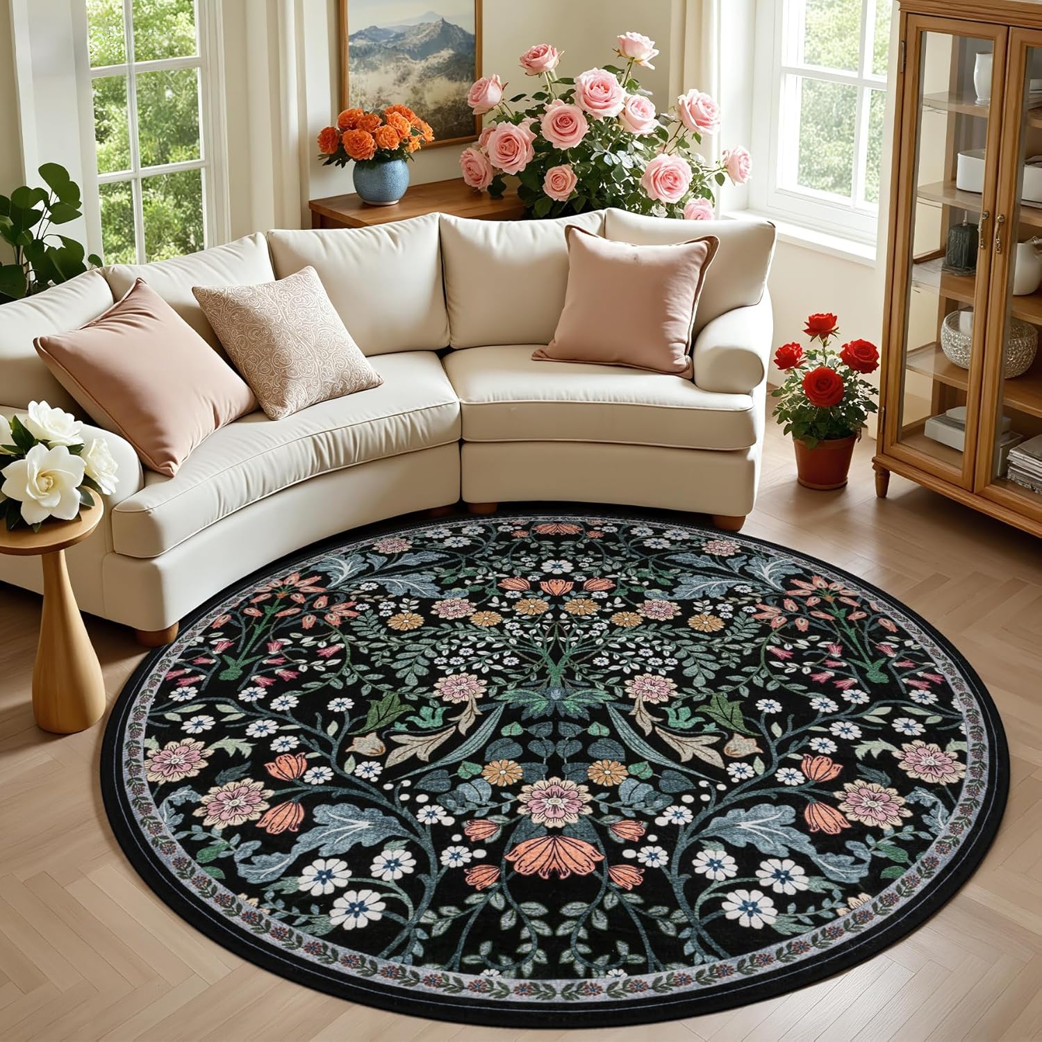 8x10 Area Rugs for Living Room: Floral Washable Rug Vintage Large Soft Boho Non-Slip Carpet Indoor Floor Stain Resistant Carpets for Bedroom Dining Room Farmhouse Nursery Home Office Dark Green
