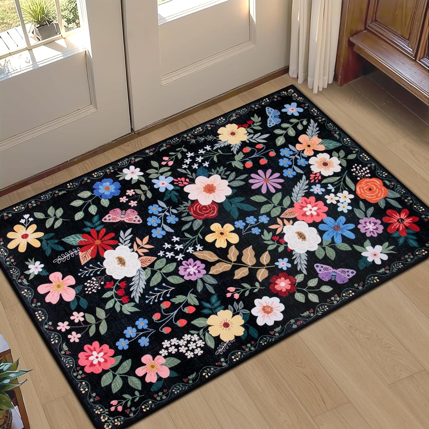 8x10 Area Rugs for Living Room: Floral Washable Rug Vintage Large Soft Boho Non-Slip Carpet Indoor Floor Stain Resistant Carpets for Bedroom Dining Room Farmhouse Nursery Home Office Dark Green