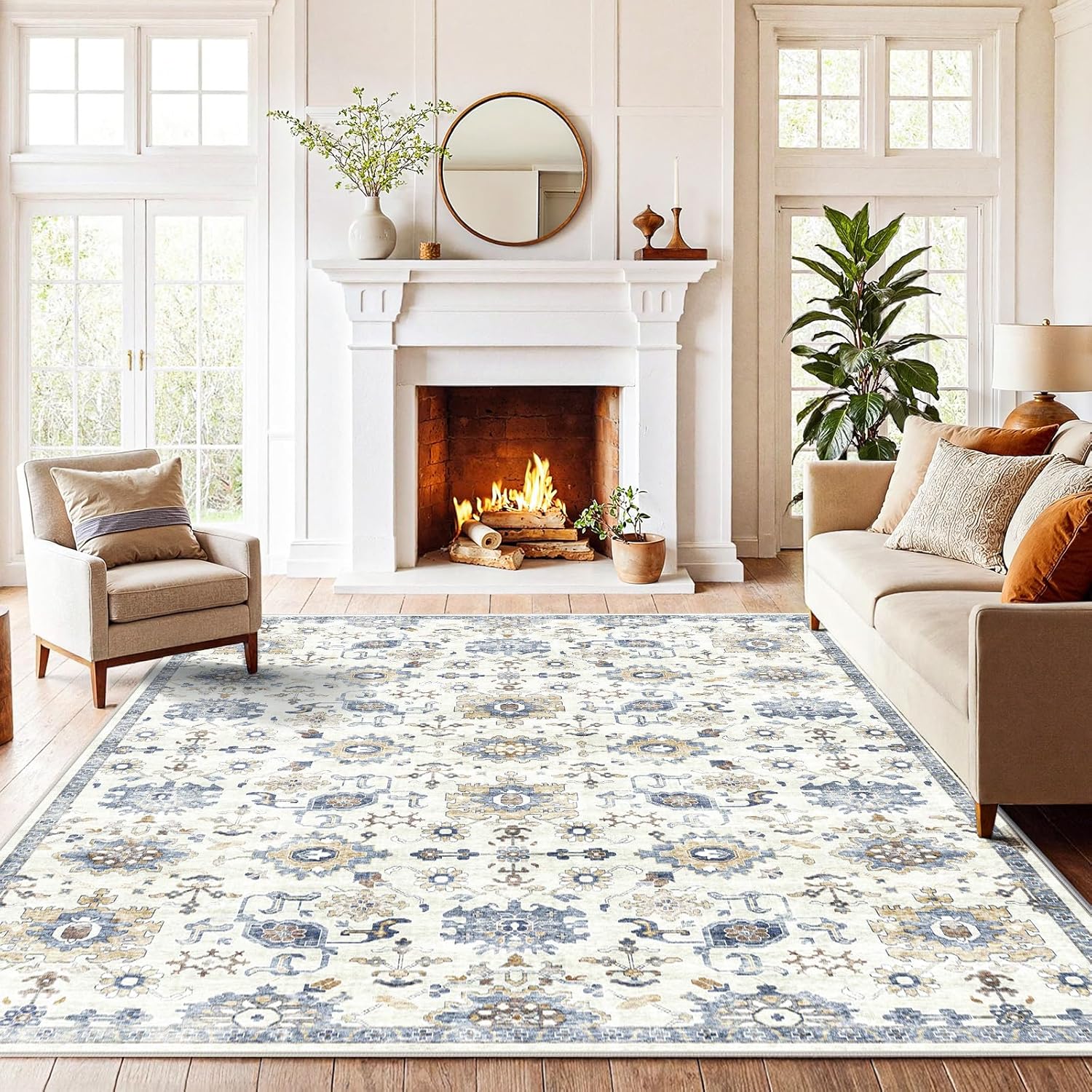 AMADA HOMEFURNISHING 8x10 Washable Area Rug, Low-Profile Large Area Rug with Non-Slip Backing & Durable Edge Binding, Vintage Large Rugs for Living Room, Bedroom, Dining Room