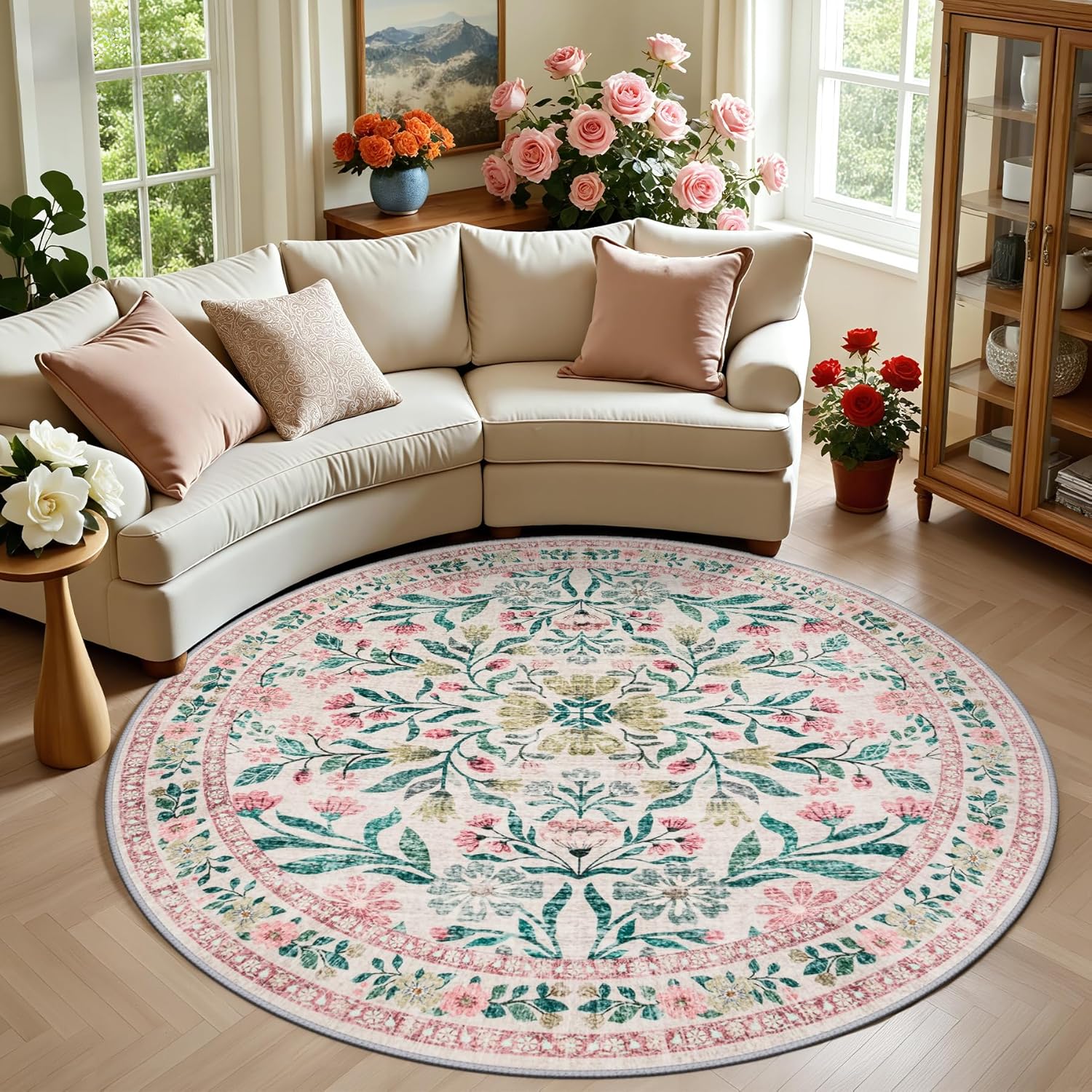 8x10 Area Rugs for Living Room: Floral Washable Rug Vintage Large Soft Boho Non-Slip Carpet Indoor Floor Stain Resistant Carpets for Bedroom Dining Room Farmhouse Nursery Home Office Dark Green