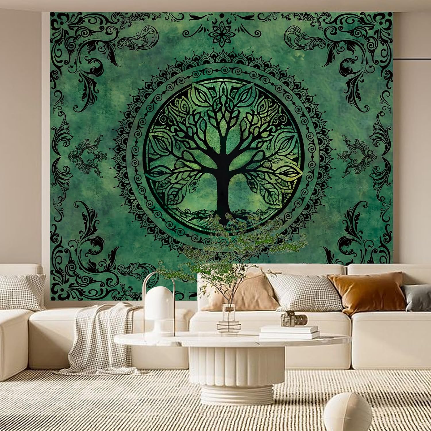 Extra Large Green Nature Tapestry for Bedroom Aesthetic, Big Hippie Ceiling Tree of Life Decor Tapestries Wall Hanging, Oversized Boho Bohemian Mandala Art Backdrop for Dorm Living Room (71"X90")
