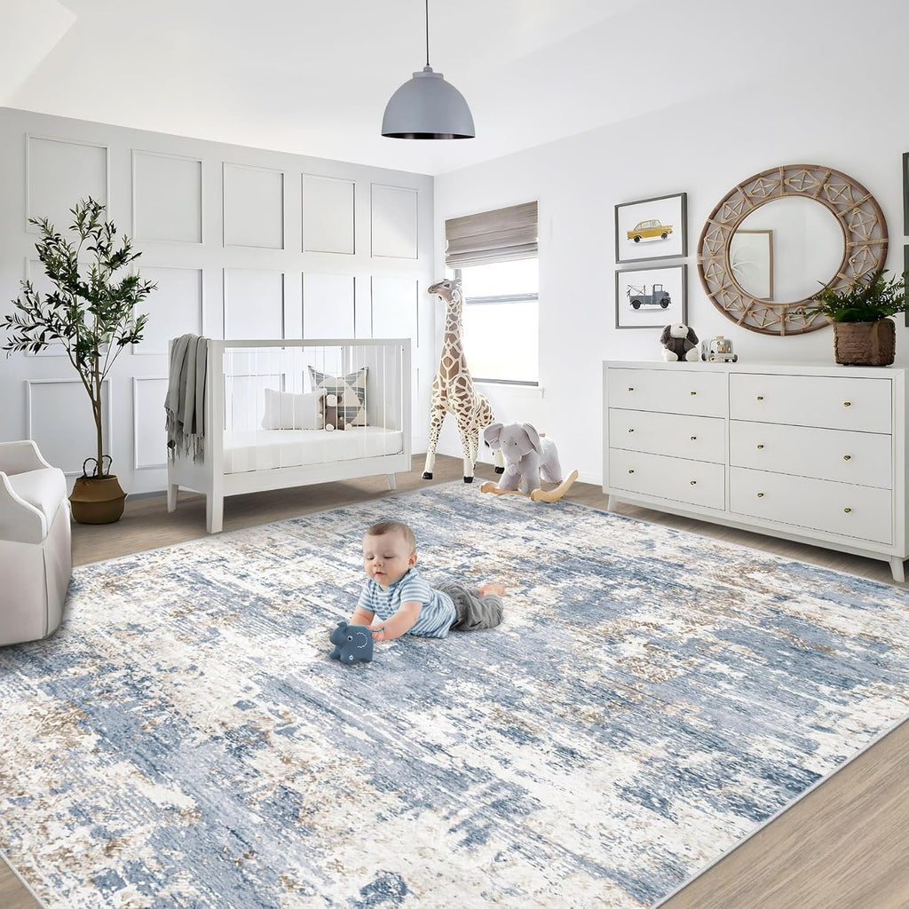 8x10 Area Rugs for Living Room, Washable Modern Abstract Large Area Rug Neutral Soft Non Slip Kids Rug Stain Resistant Indoor Carpet for Bedroom Nursery Dining Room Playroom Home Office(Blue, 8'x10')