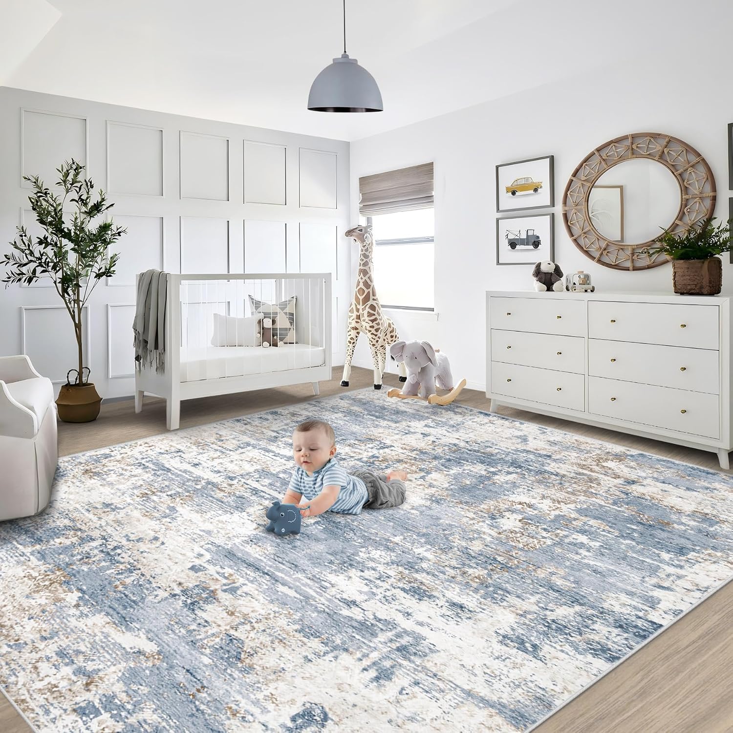 8x10 Area Rugs for Living Room, Washable Modern Abstract Large Area Rug Neutral Soft Non Slip Kids Rug Stain Resistant Indoor Carpet for Bedroom Nursery Dining Room Playroom Home Office(Blue, 8'x10')