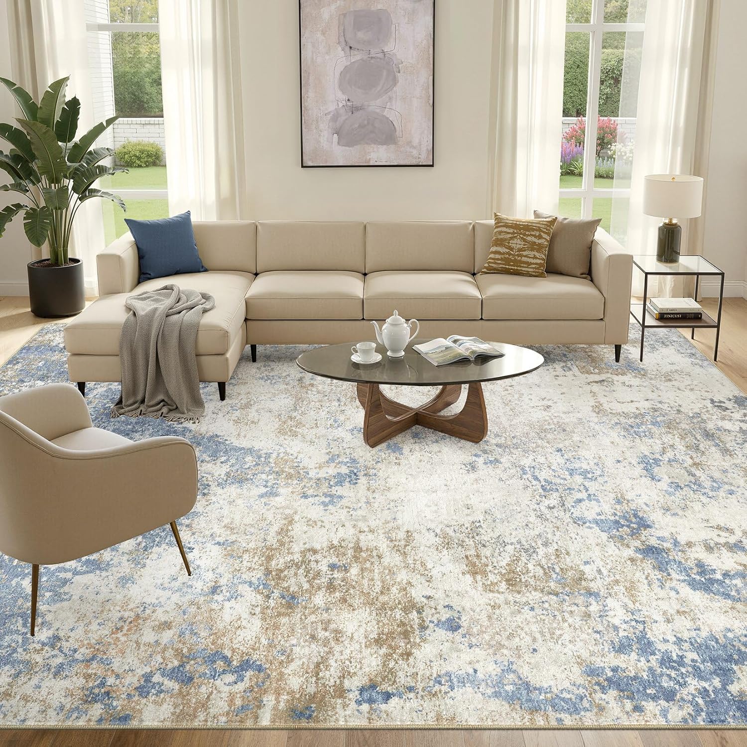 Nakagishi 8X10 Area Rugs for Living Room: Washable Modern Abstract Rug with Non-Slip Silicone Backing Low Pile Soft Carpet for Bedroom & Dining Decor Ideal for Families with Kids and Pets-Brown