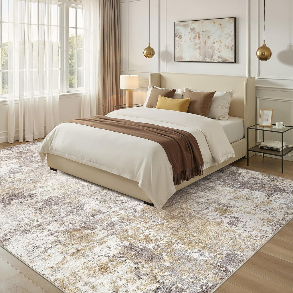 Nakagishi 8X10 Area Rugs for Living Room: Washable Modern Abstract Rug with Non-Slip Silicone Backing Low Pile Soft Carpet for Bedroom & Dining Decor Ideal for Families with Kids and Pets-Brown