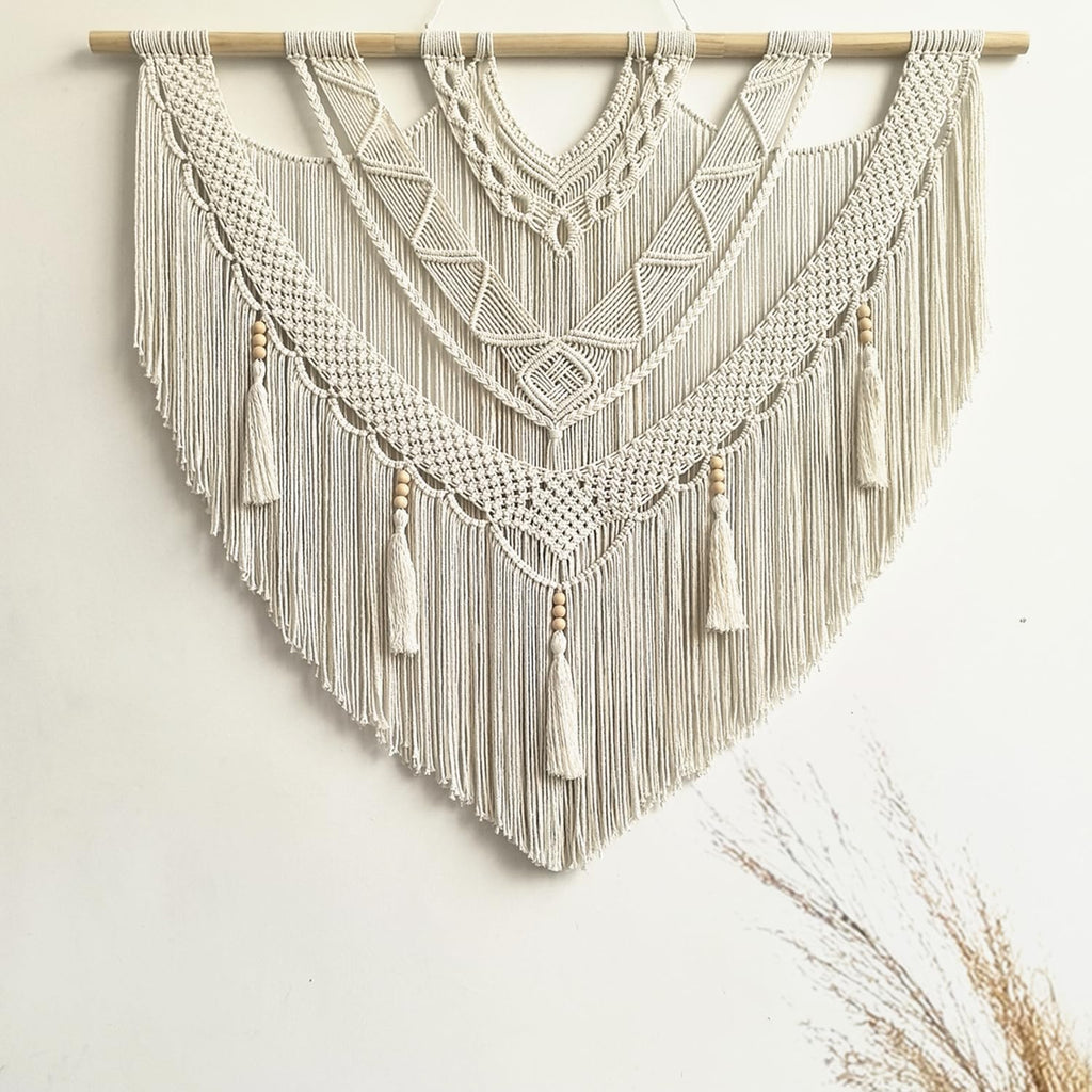 guzhiou large macrame wall hanging - Boho Tapestry Macrame Wall Decor Art- Chic Bohemian Handmade Woven Tapestry Home Decoration for Bedroom Living Room Apartment Wedding Party - 43"x32" (Wood bead)