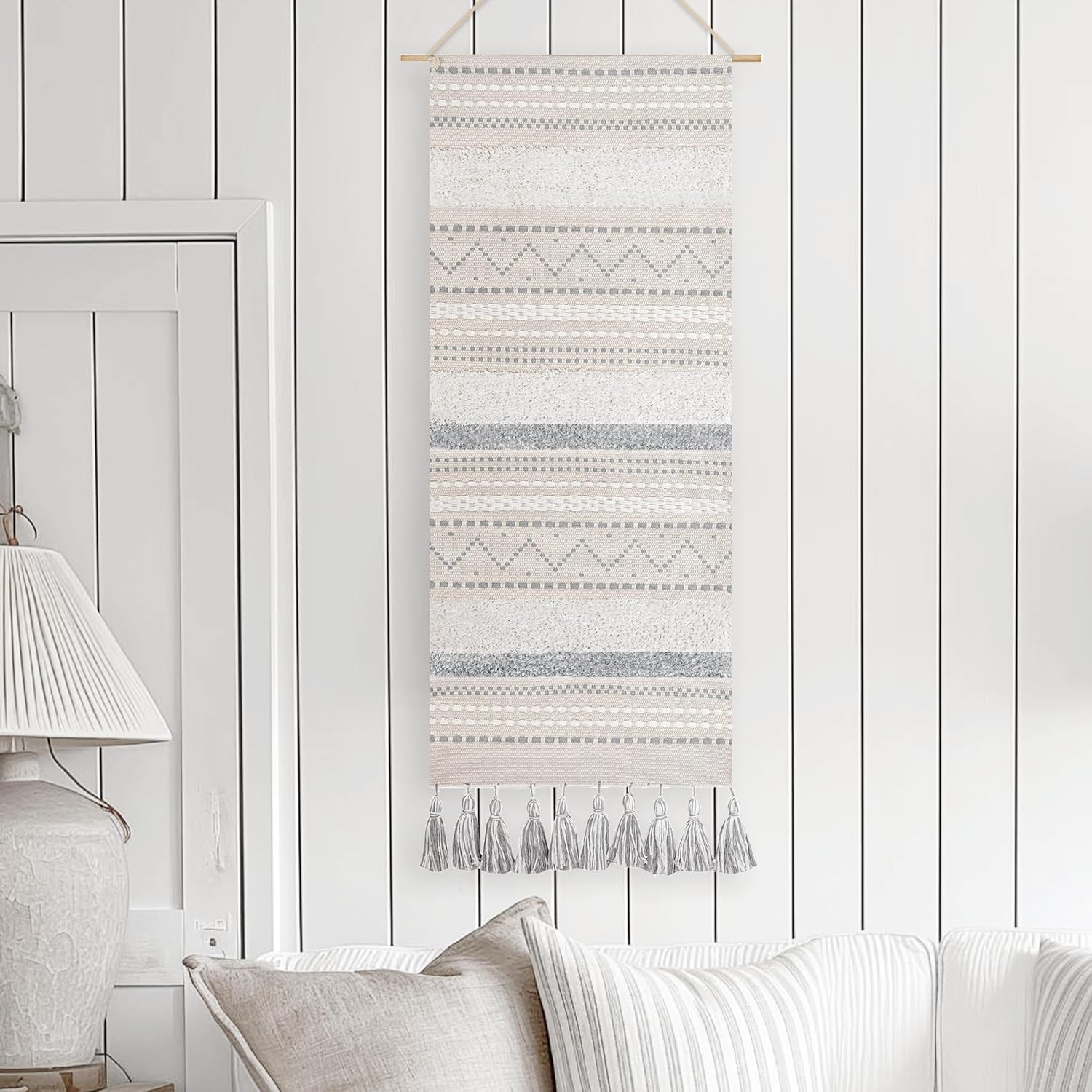 BlissBlush Long Vertical Wall Hanging Tapestry Woven Boho Farmhouse Decor Cream Beige Tassel Handmade Wall Art Decoration for Bedroom Living Room Dorm Nursery Apartment, 16x39 INCH