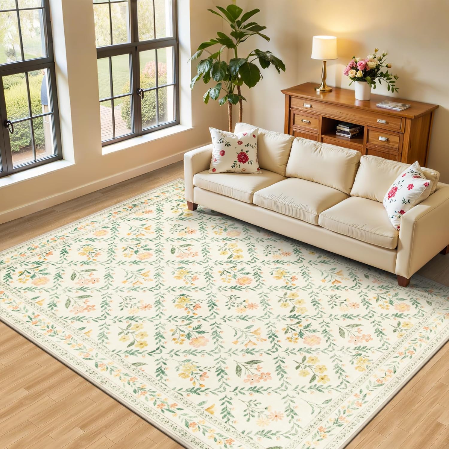 8x10 Area Rugs for Living Room: Floral Washable Rug Vintage Large Soft Boho Non-Slip Carpet Indoor Floor Stain Resistant Carpets for Bedroom Dining Room Farmhouse Nursery Home Office Dark Green