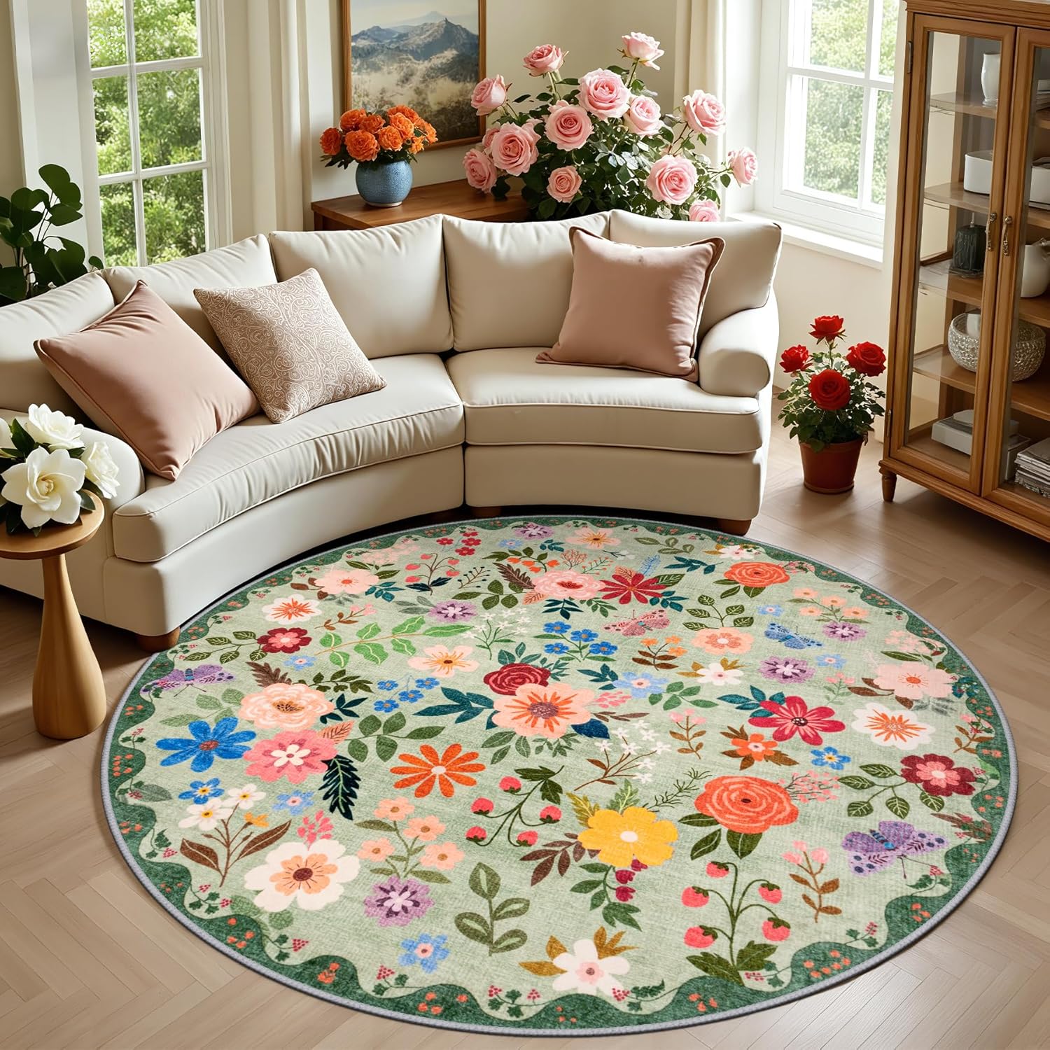 8x10 Area Rugs for Living Room: Floral Washable Rug Vintage Large Soft Boho Non-Slip Carpet Indoor Floor Stain Resistant Carpets for Bedroom Dining Room Farmhouse Nursery Home Office Dark Green
