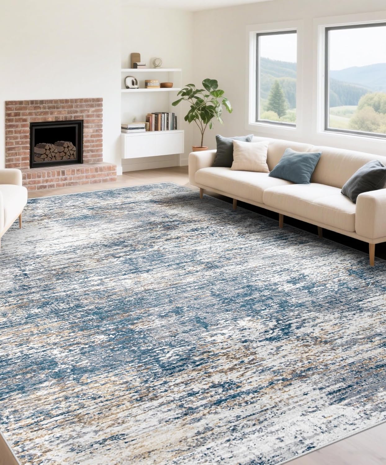 8x10 Area Rugs for Living Room, Washable Modern Abstract Large Area Rug Neutral Soft Non Slip Kids Rug Stain Resistant Indoor Carpet for Bedroom Nursery Dining Room Playroom Home Office(Blue, 8'x10')
