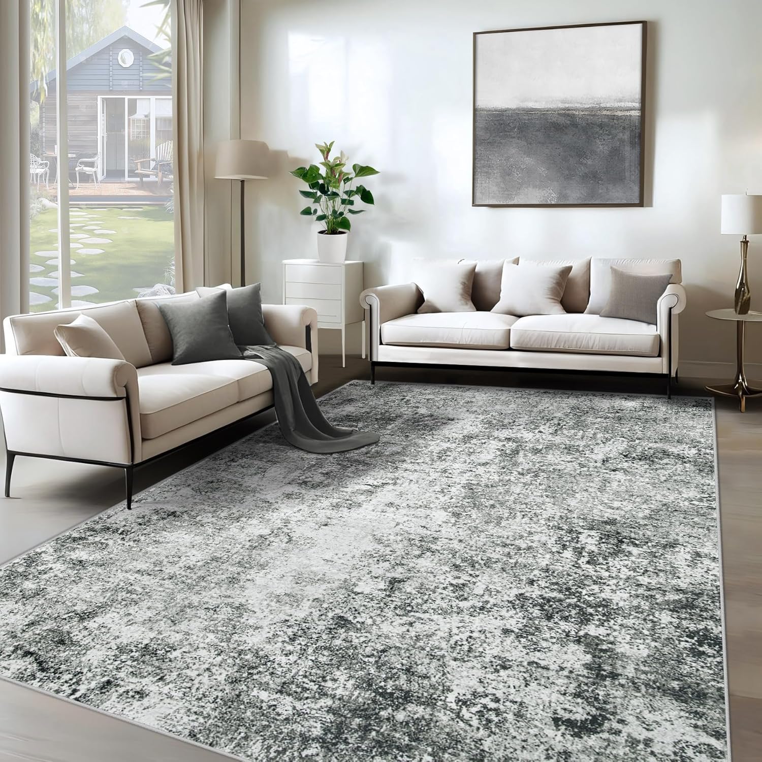 8x10 Area Rugs for Living Room, Washable Modern Abstract Large Area Rug Neutral Soft Non Slip Kids Rug Stain Resistant Indoor Carpet for Bedroom Nursery Dining Room Playroom Home Office(Blue, 8'x10')