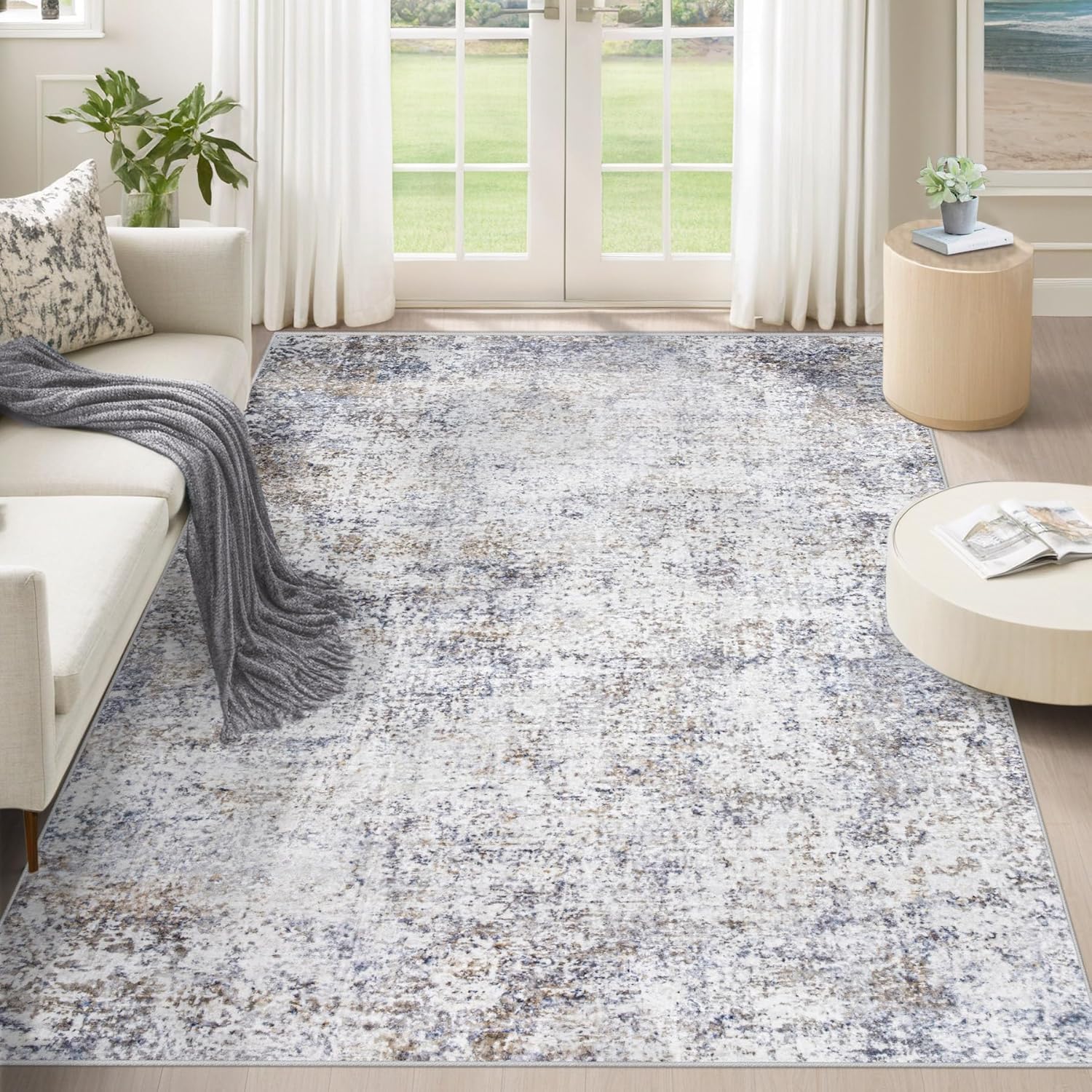 8x10 Area Rugs for Living Room, Washable Modern Abstract Large Area Rug Neutral Soft Non Slip Kids Rug Stain Resistant Indoor Carpet for Bedroom Nursery Dining Room Playroom Home Office(Blue, 8'x10')