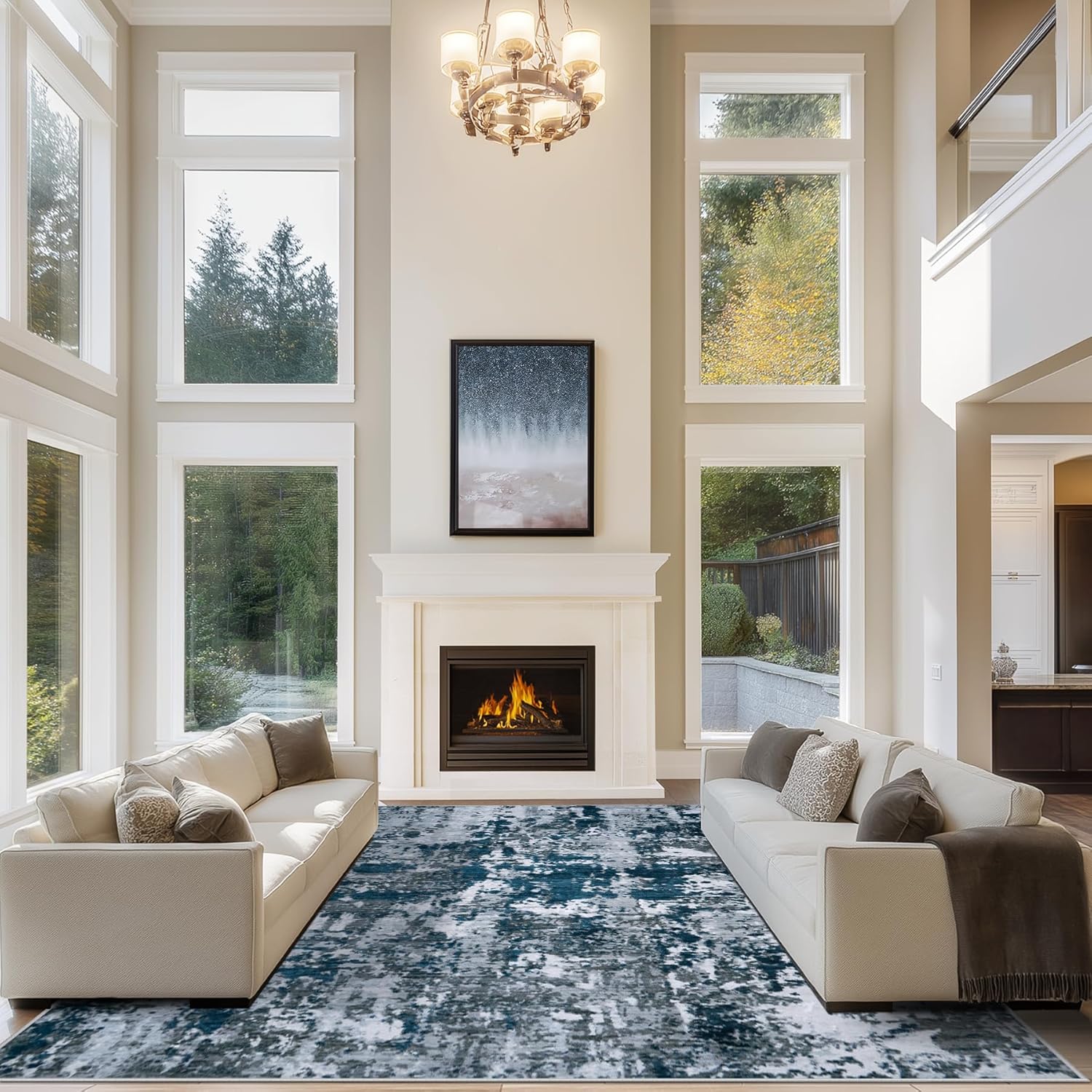 8x10 Area Rugs for Living Room Rug Washable: Abstract Large Rug for Dining Room Bedroom Carpet Non Slip 8 by 10 Indoor Modern Nursery Home Office Blue Grey