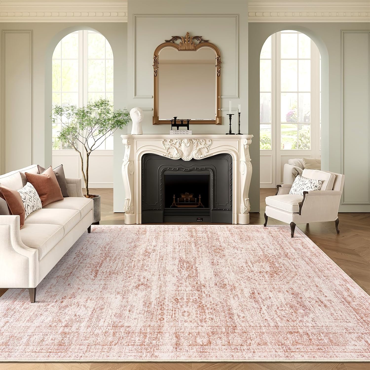 Washable Area Rug 8x10, Large Soft Rugs for Living Room Vintage Beige Carpet 8x10 Area Rugs for Bedroom Dining Room Non-Slip Stain Resistant Under Table Rug