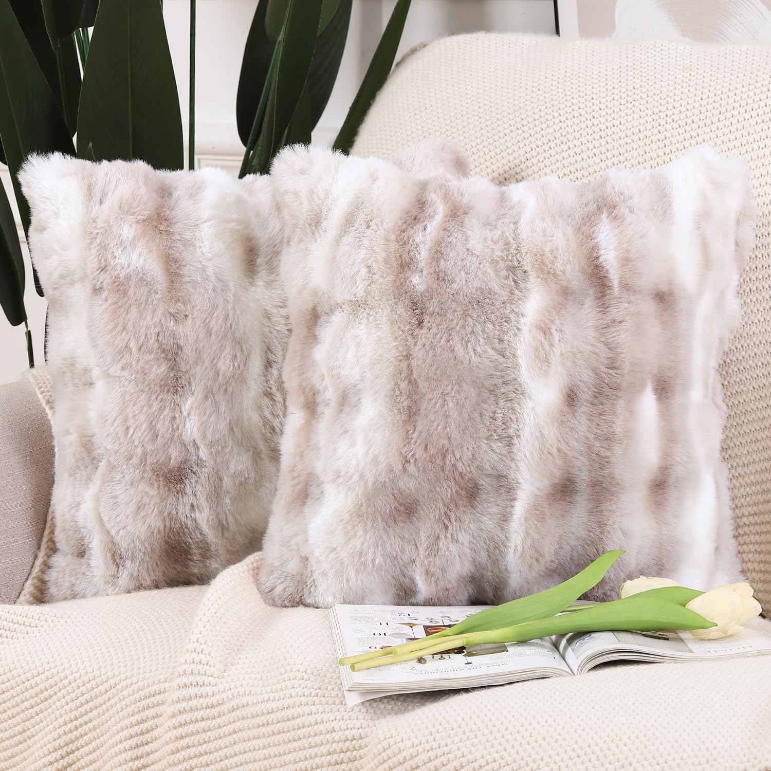 MADIZZ Pack of 2 Thick Plush Wool Throw Pillow Covers 18x18 Inch White Taupe Soft Neutral Decorative Throw Pillows Accent Boho Cushion Covers for Couch Sofa Bedroom Pillow Shell