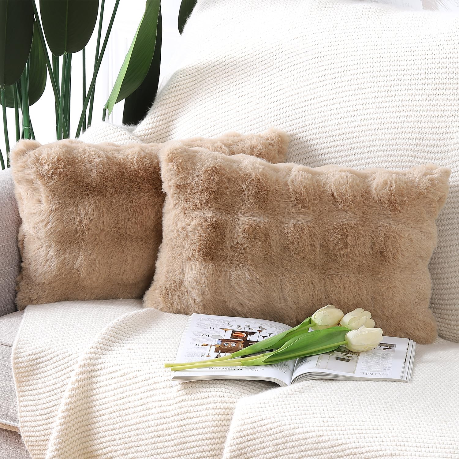 MADIZZ Pack of 2 Thick Plush Wool Throw Pillow Covers 18x18 Inch White Taupe Soft Neutral Decorative Throw Pillows Accent Boho Cushion Covers for Couch Sofa Bedroom Pillow Shell