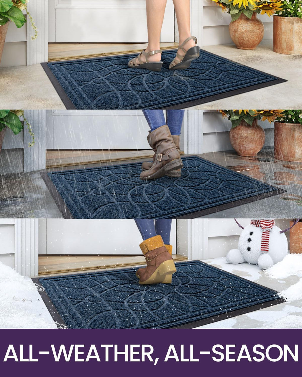 DEXI Front Door Mat Outside Entrance, Heavy Duty Non Slip Low Profile Doormat for Entryway, Trap Dirt and Moisture Welcome Mats, Easy Clean, Patio, Garage, 3x2, Blue